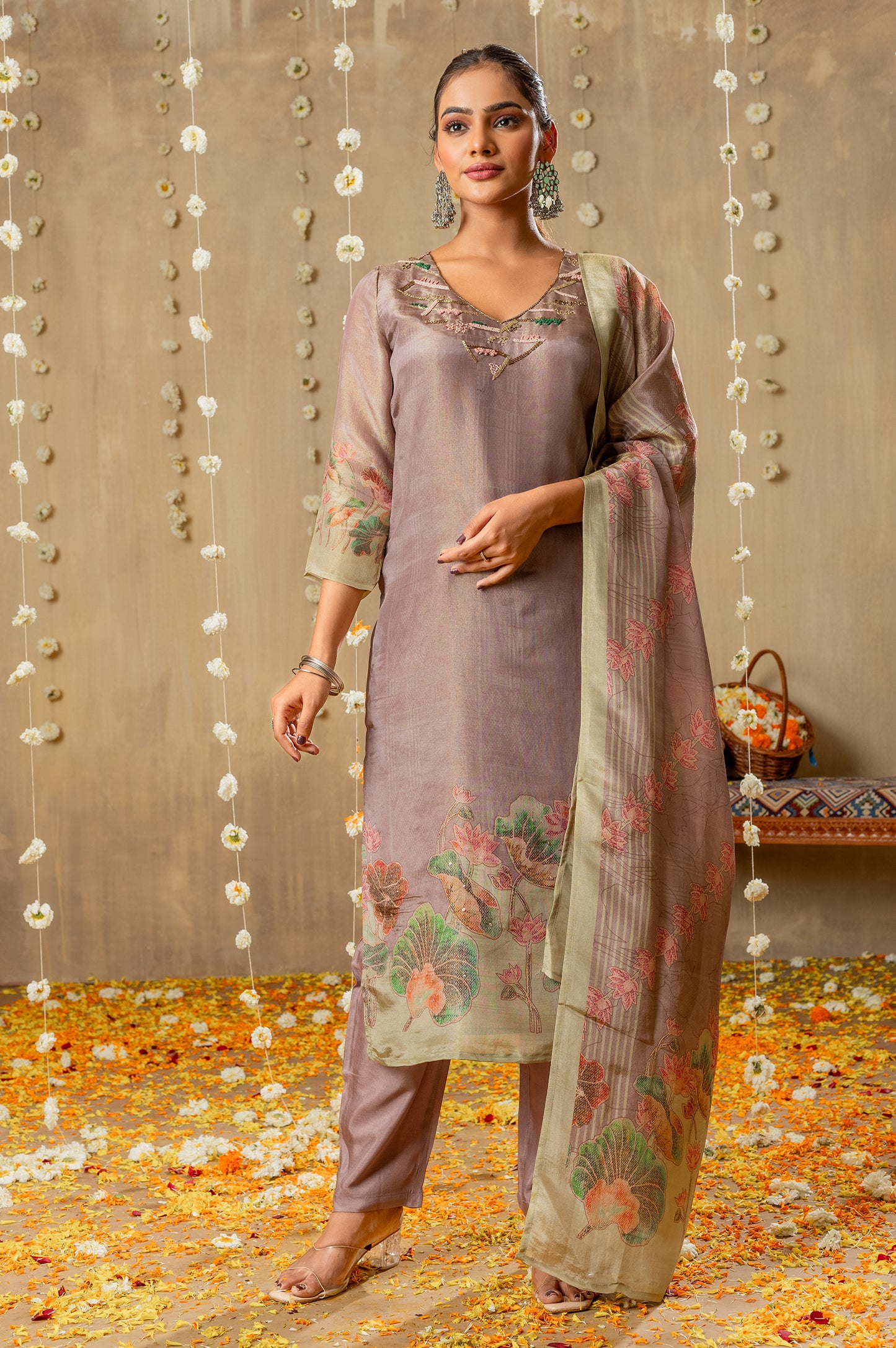 Lilac Viscose Simmer Digital Print Handwork Kurta Set With Dupatta