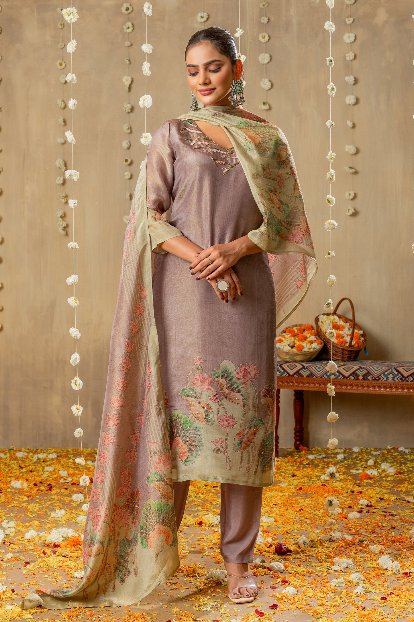 Lilac Viscose Simmer Digital Print Handwork Kurta Set With Dupatta