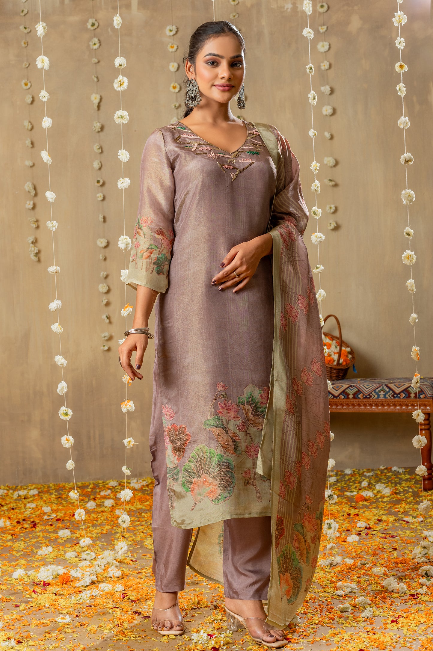 Lilac Viscose Simmer Digital Print Handwork Kurta Set With Dupatta