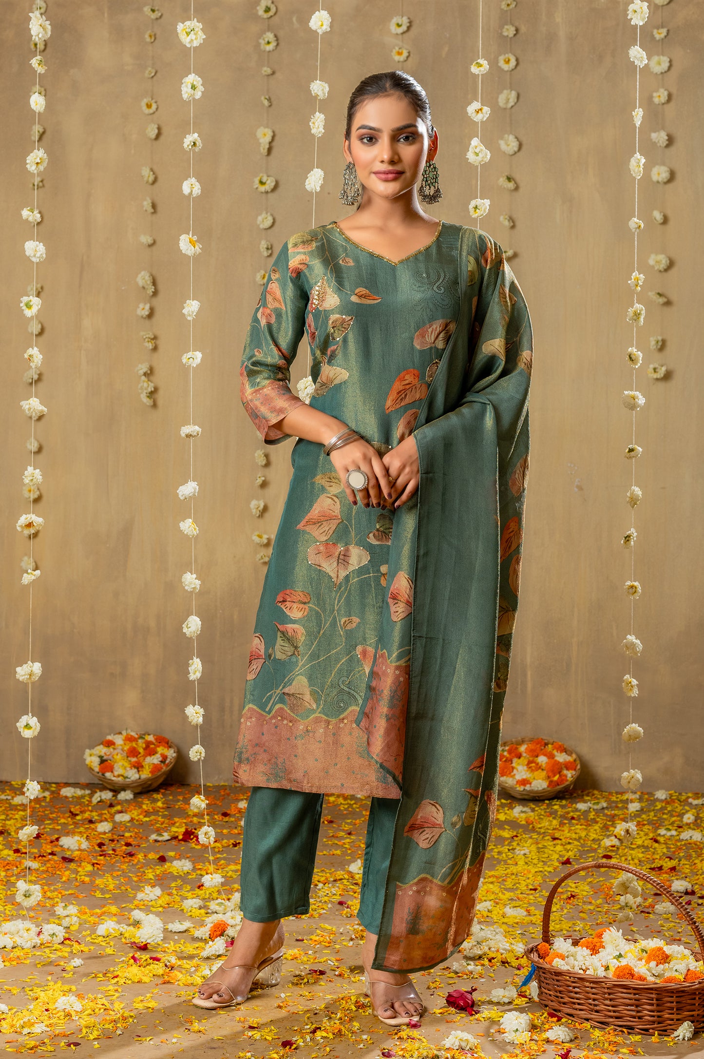 Teal Green Viscose Simmer Digital Print with Handwork Kurta Set with Dupatta