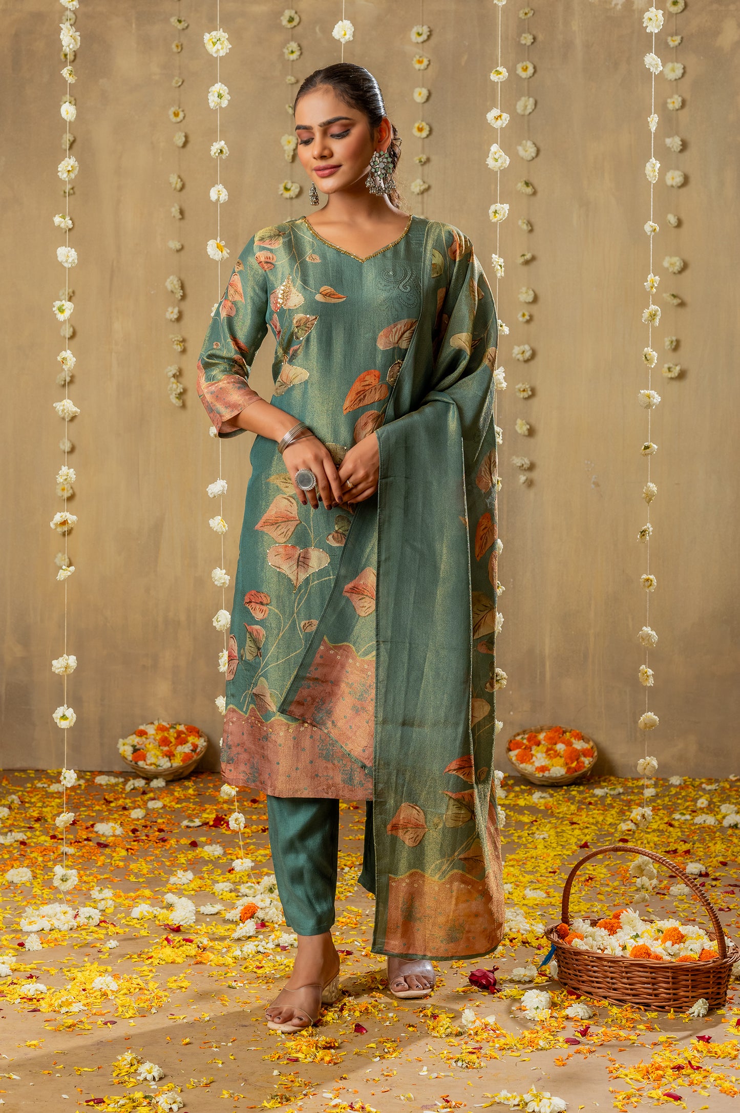 Teal Green Viscose Simmer Digital Print with Handwork Kurta Set with Dupatta