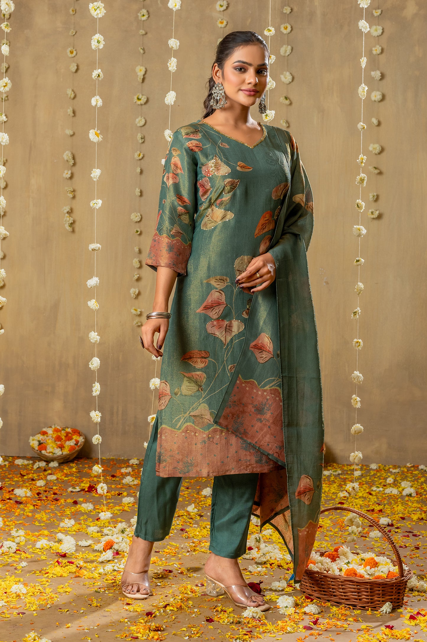 Teal Green Viscose Simmer Digital Print with Handwork Kurta Set with Dupatta