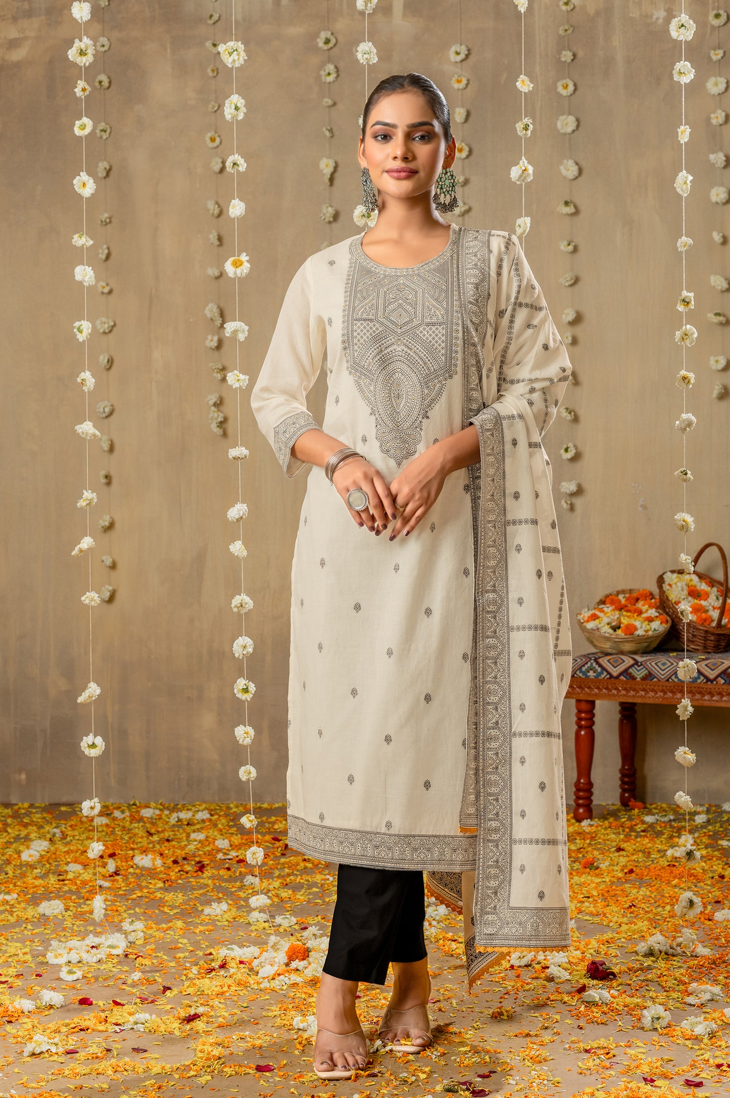 White Pure Cotton Jacquard Kurta Set with Dupatta For Women