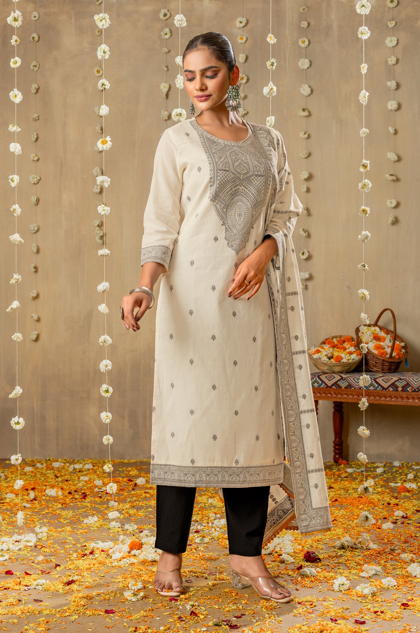White Pure Cotton Jacquard Kurta Set with Dupatta For Women