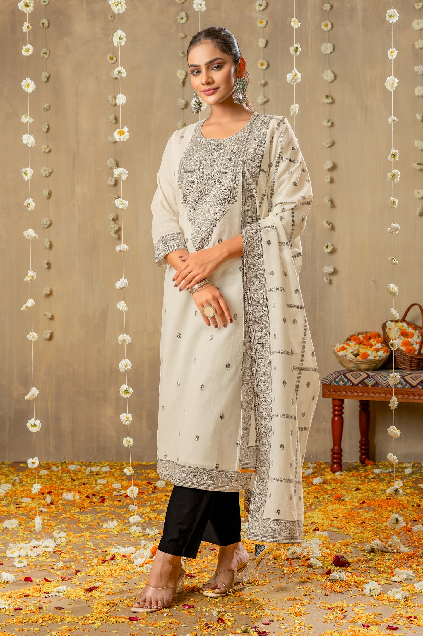 White Pure Cotton Jacquard Kurta Set with Dupatta For Women