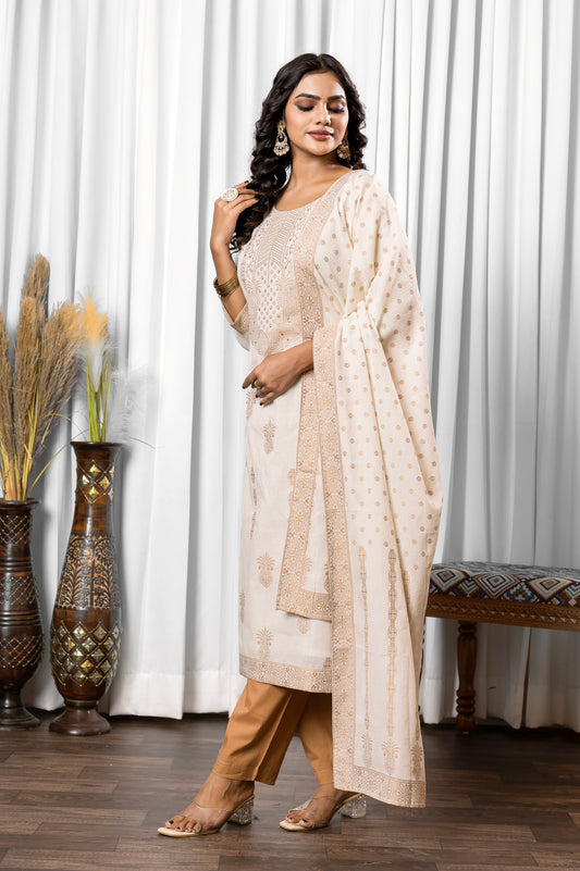White Pure Cotton Jacquard Straight Kurta Set With Dupatta