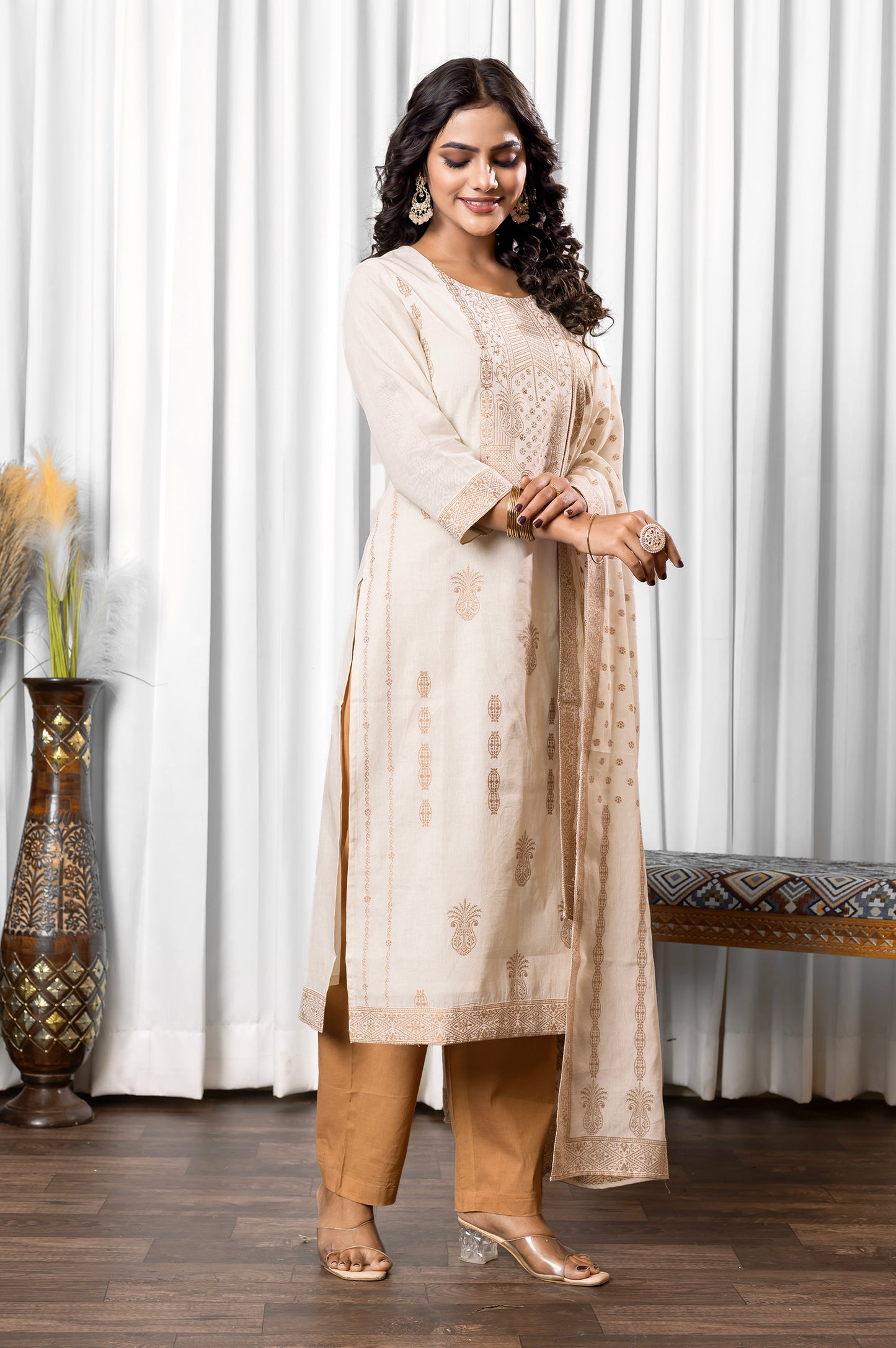 White Pure Cotton Jacquard Straight Kurta Set With Dupatta