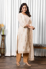 White Pure Cotton Jacquard Straight Kurta Set With Dupatta