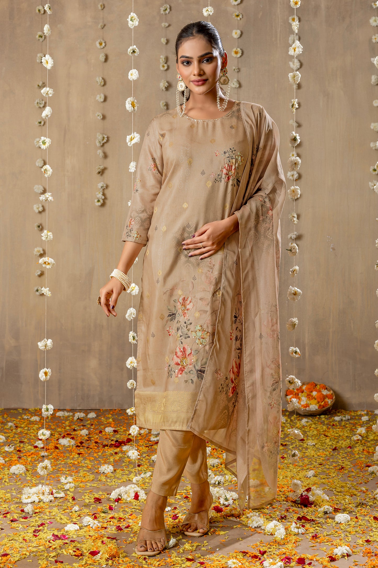 Beige Viscose Muslin Jacquard Handwork Kurta Set with Dupatta