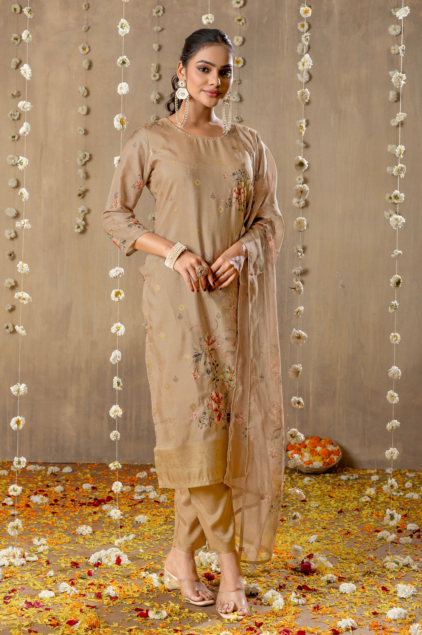 Beige Viscose Muslin Jacquard Handwork Kurta Set with Dupatta