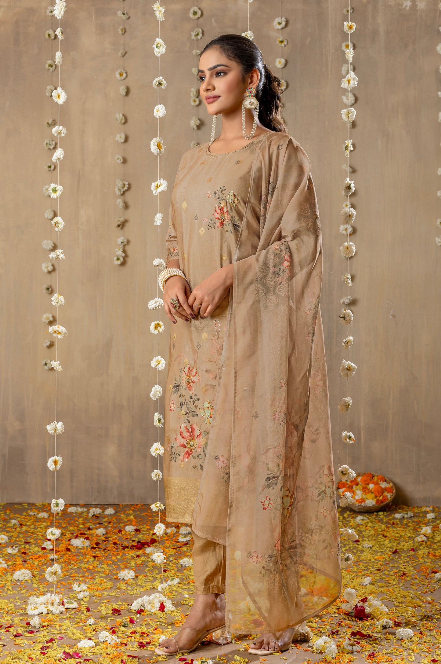 Beige Viscose Muslin Jacquard Handwork Kurta Set with Dupatta