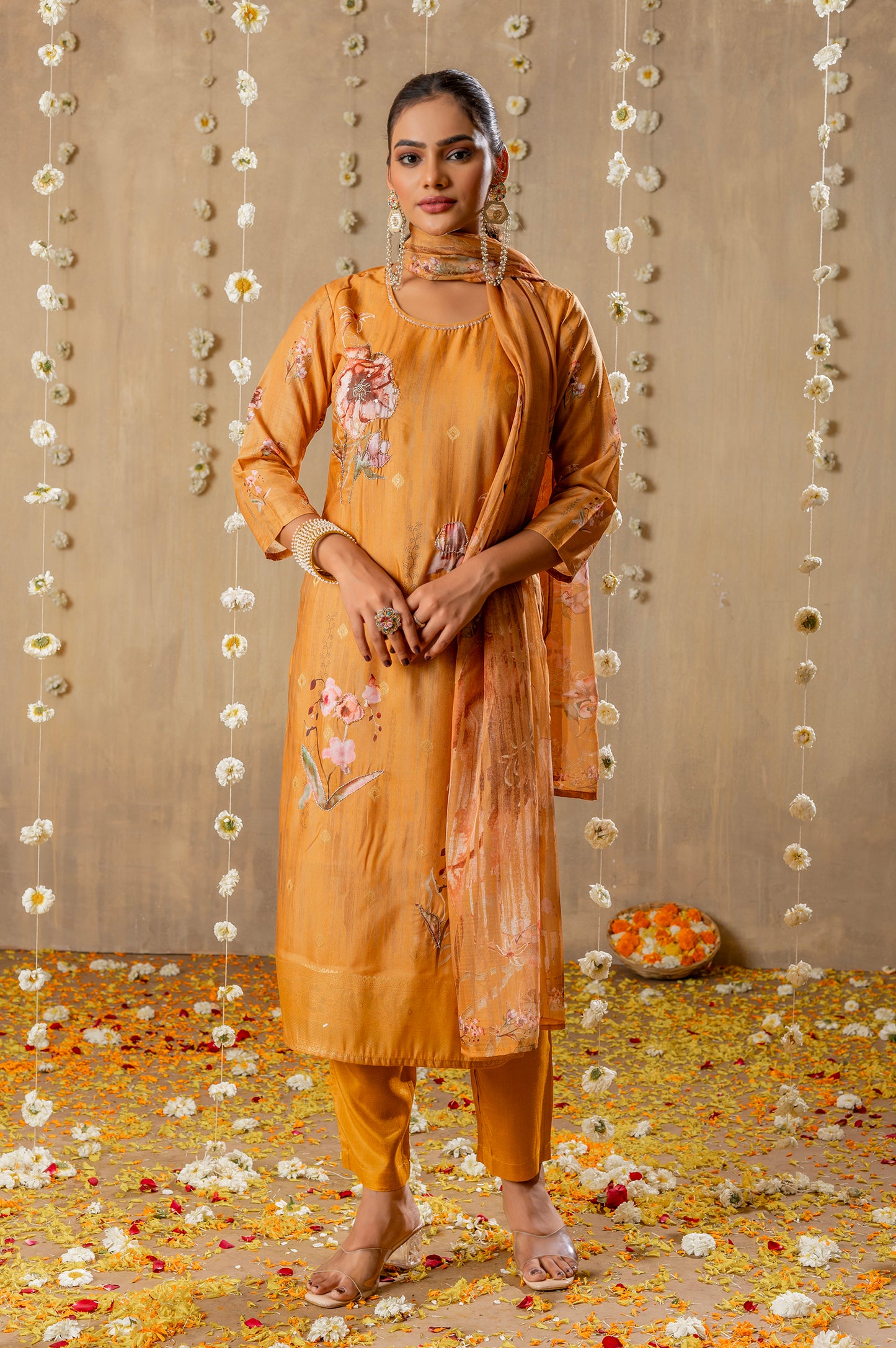 Mustard Viscose Muslin Jacquard Digital Printed With handwork Kurta Set with Dupatta