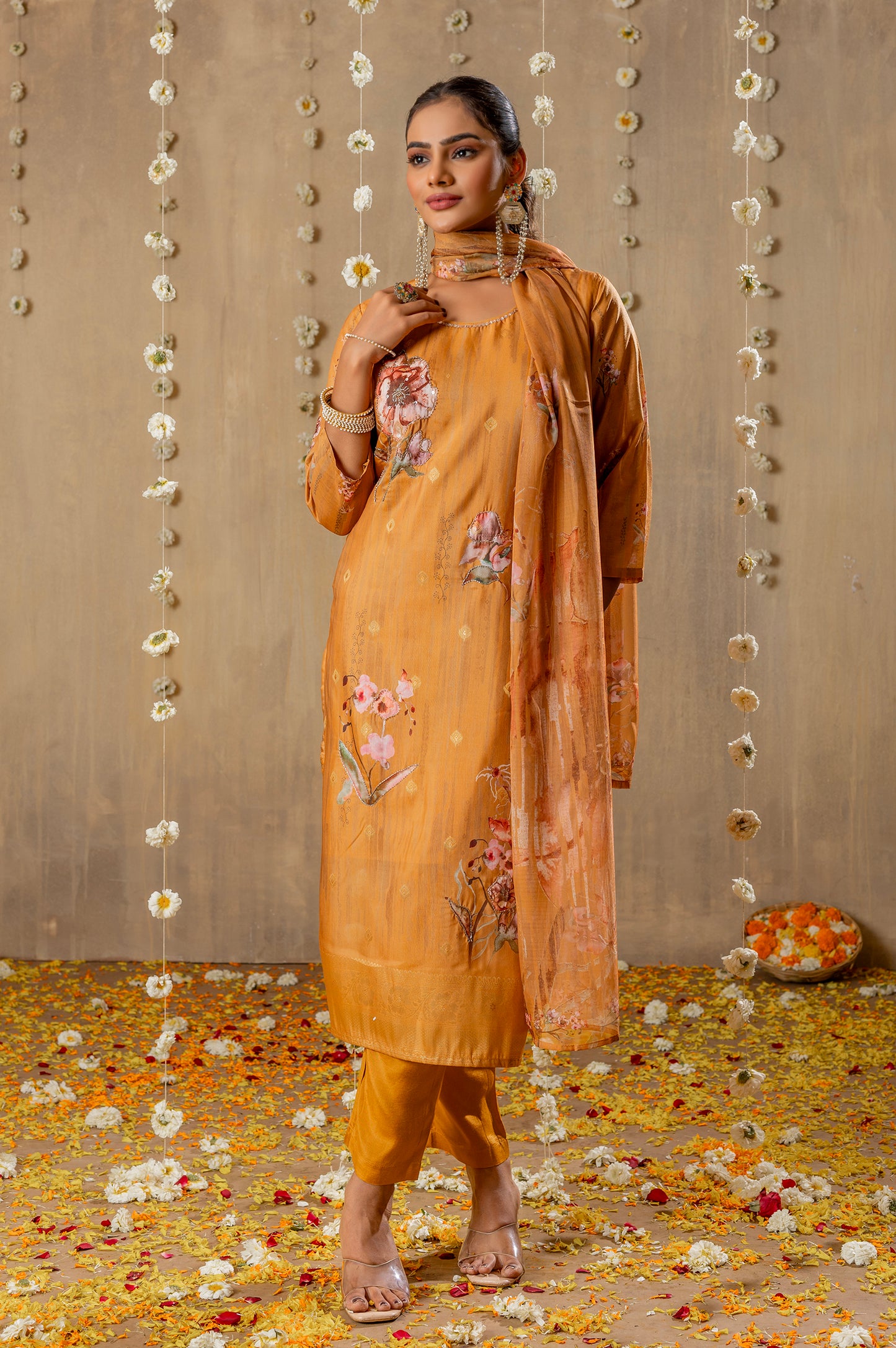 Mustard Viscose Muslin Jacquard Digital Printed With handwork Kurta Set with Dupatta