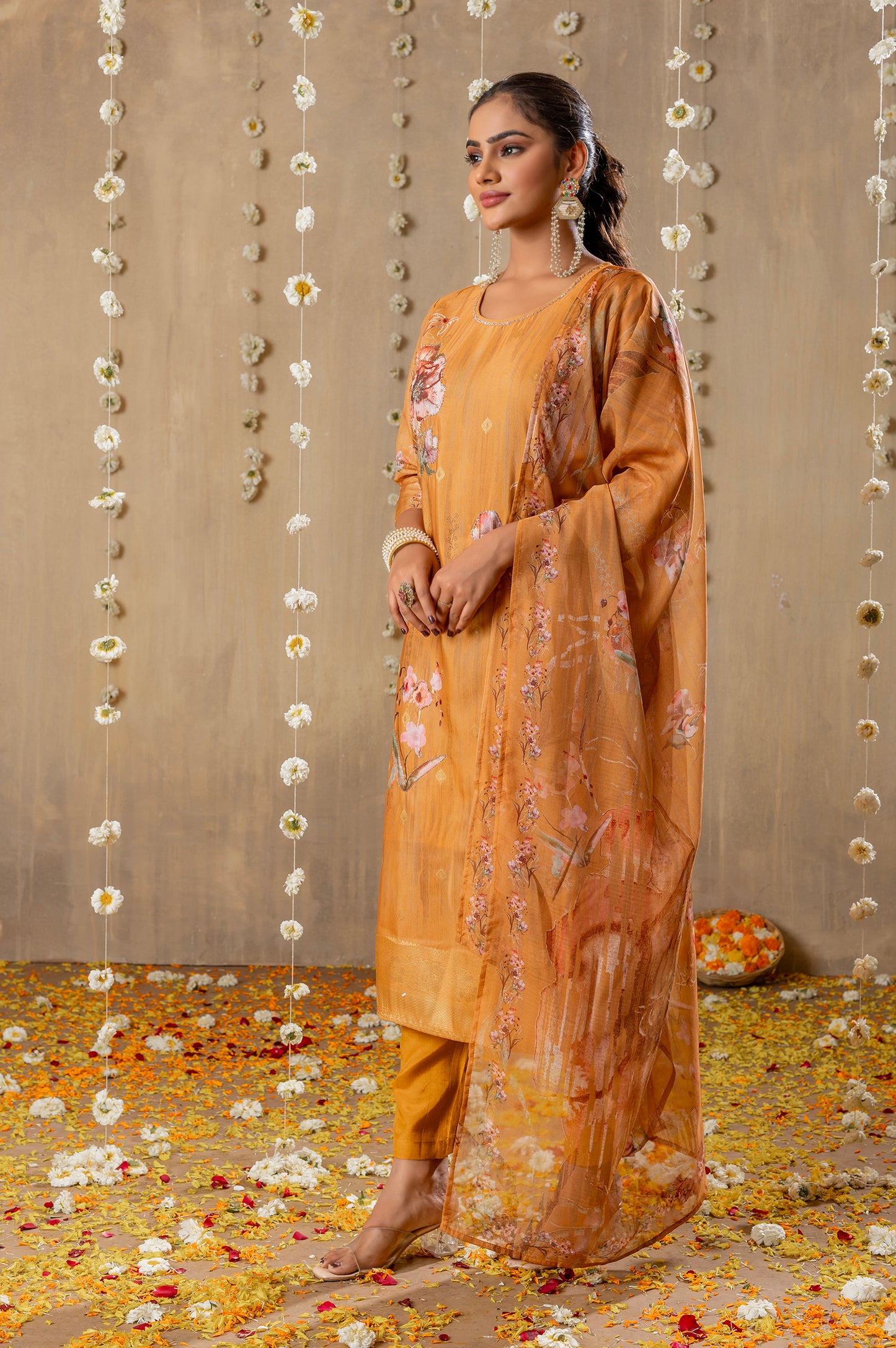 Mustard Viscose Muslin Jacquard Digital Printed With handwork Kurta Set with Dupatta