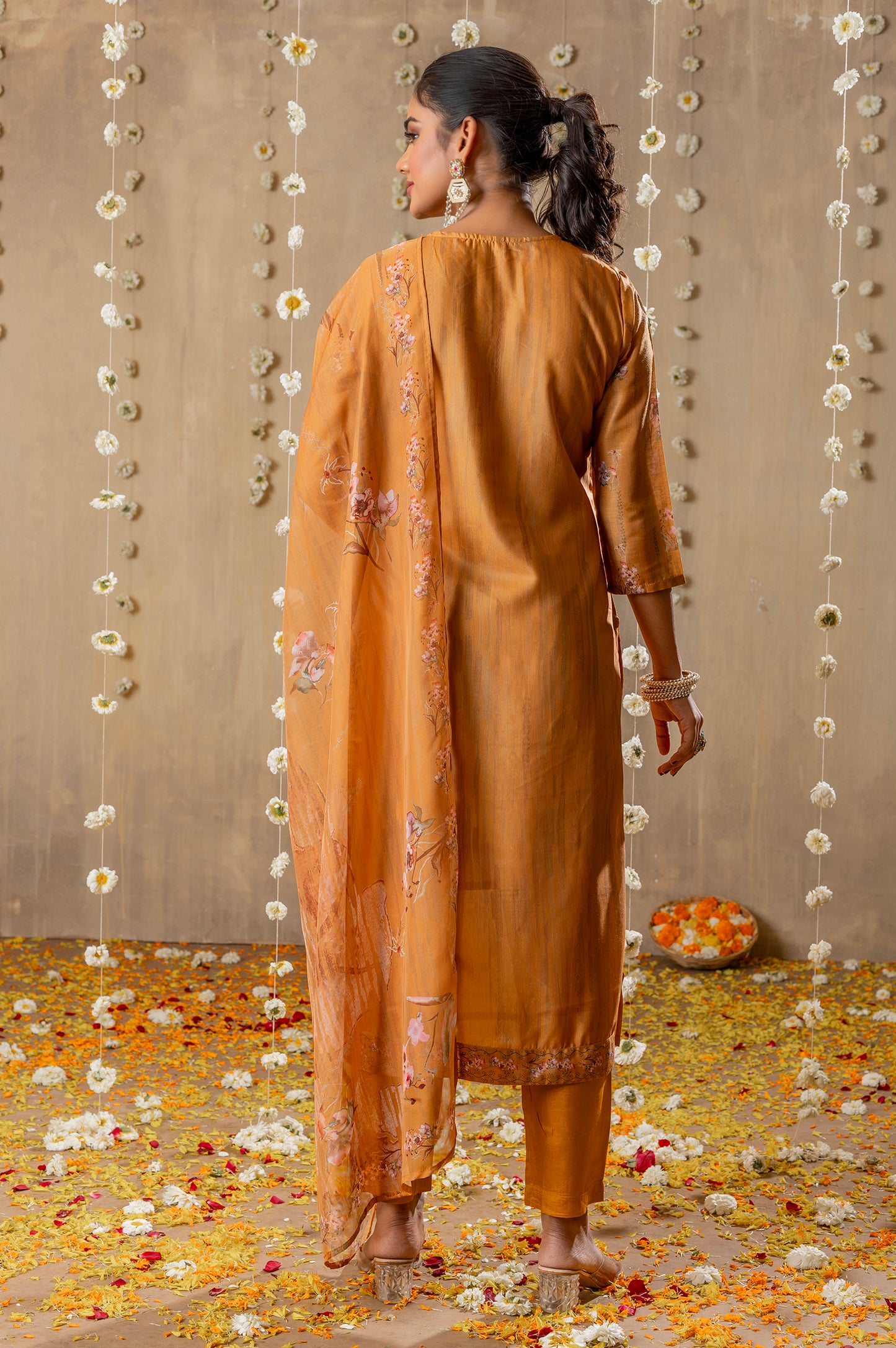 Mustard Viscose Muslin Jacquard Digital Printed With handwork Kurta Set with Dupatta
