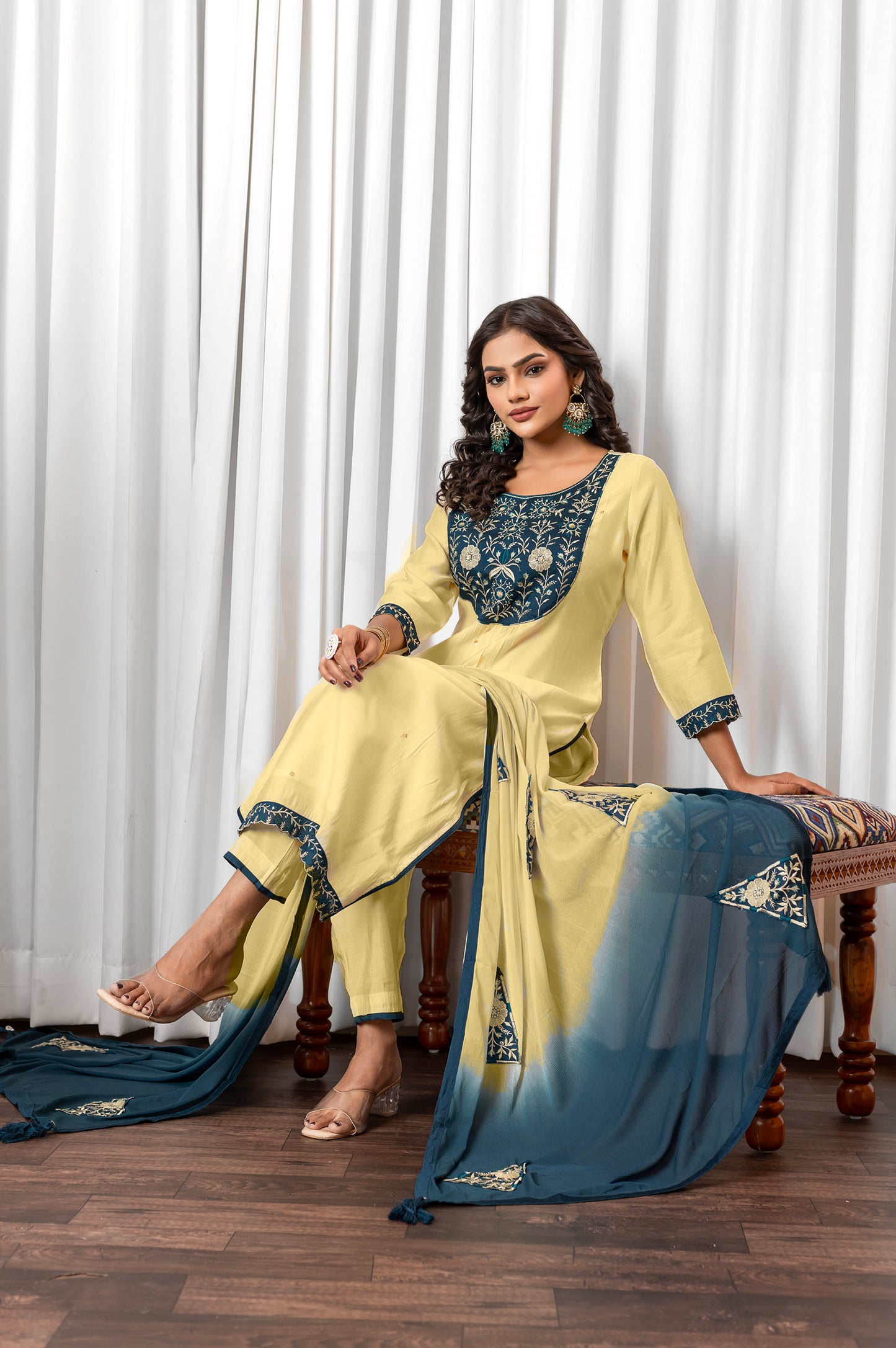 Beige Roman Silk Embroidered Kurta Set with Dupatta For Women