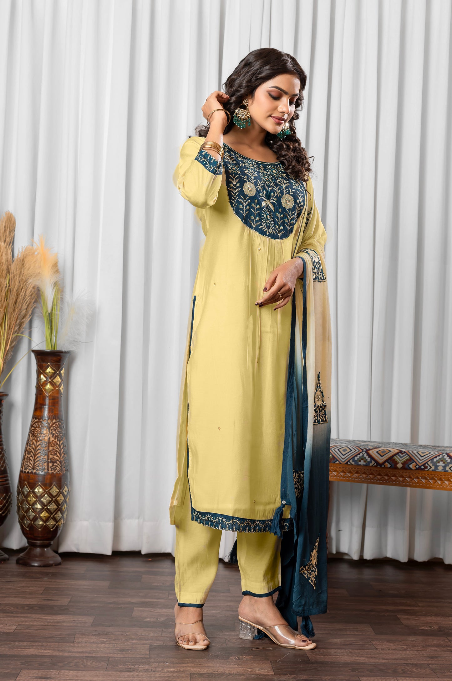 Beige Roman Silk Embroidered Kurta Set with Dupatta For Women