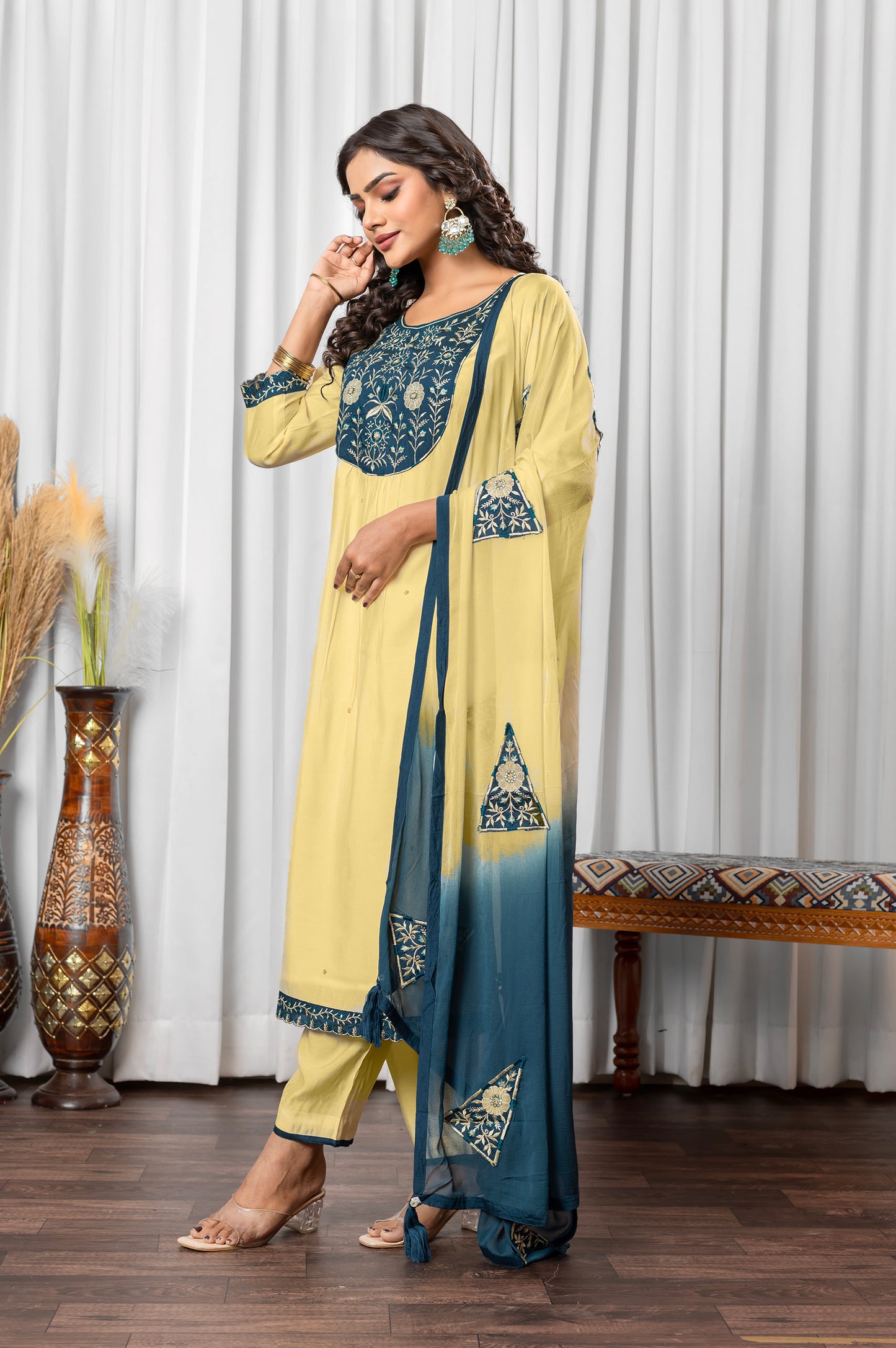 Beige Roman Silk Embroidered Kurta Set with Dupatta For Women