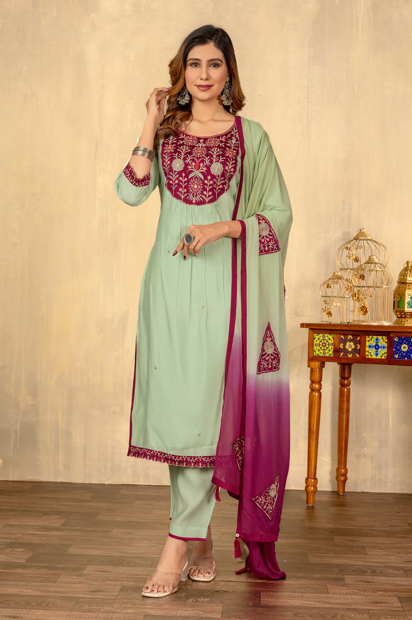 Parrot Green Roman Silk Embroidered Kurta Set with Dupatta
