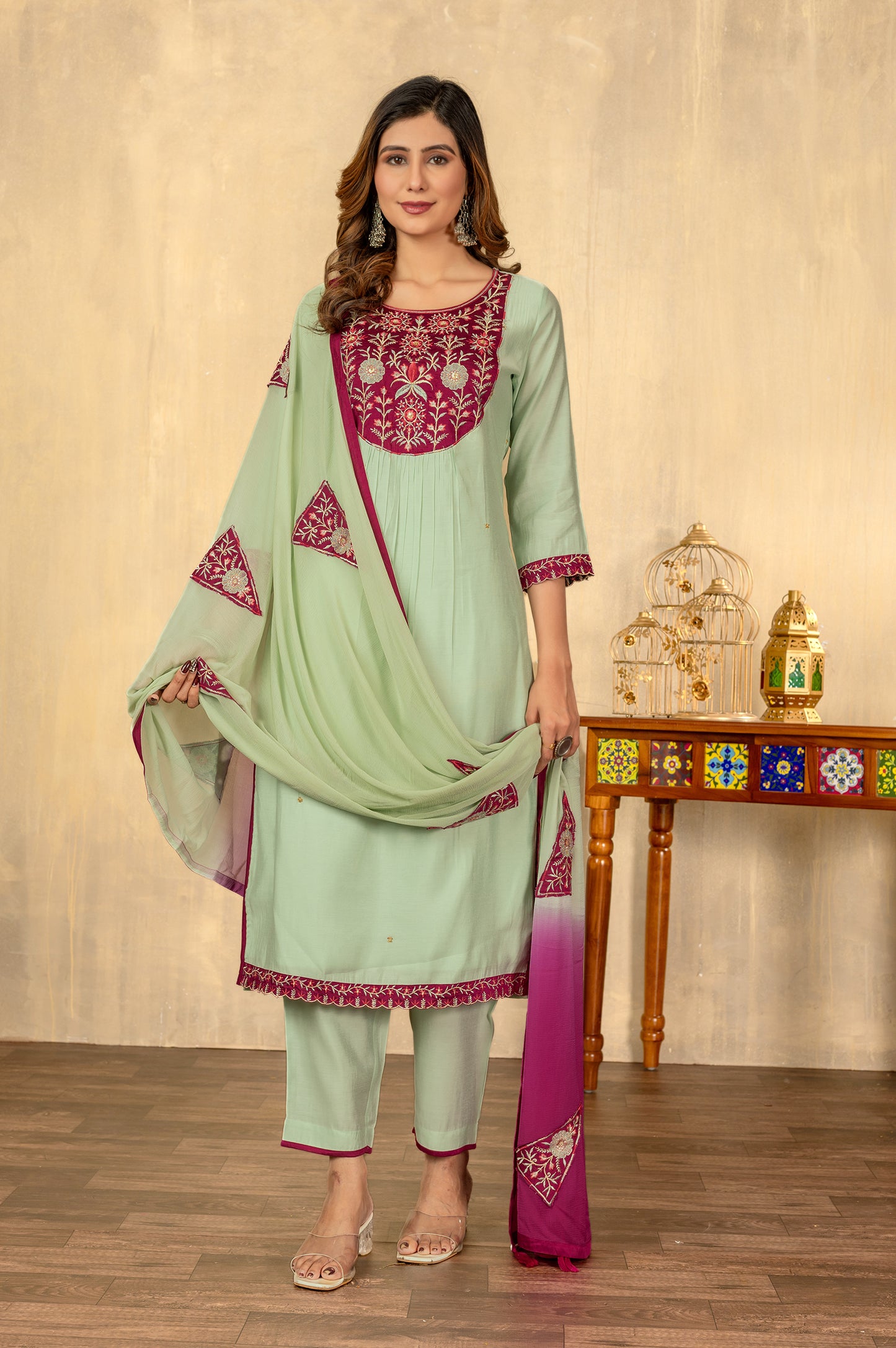 Parrot Green Roman Silk Embroidered Kurta Set with Dupatta