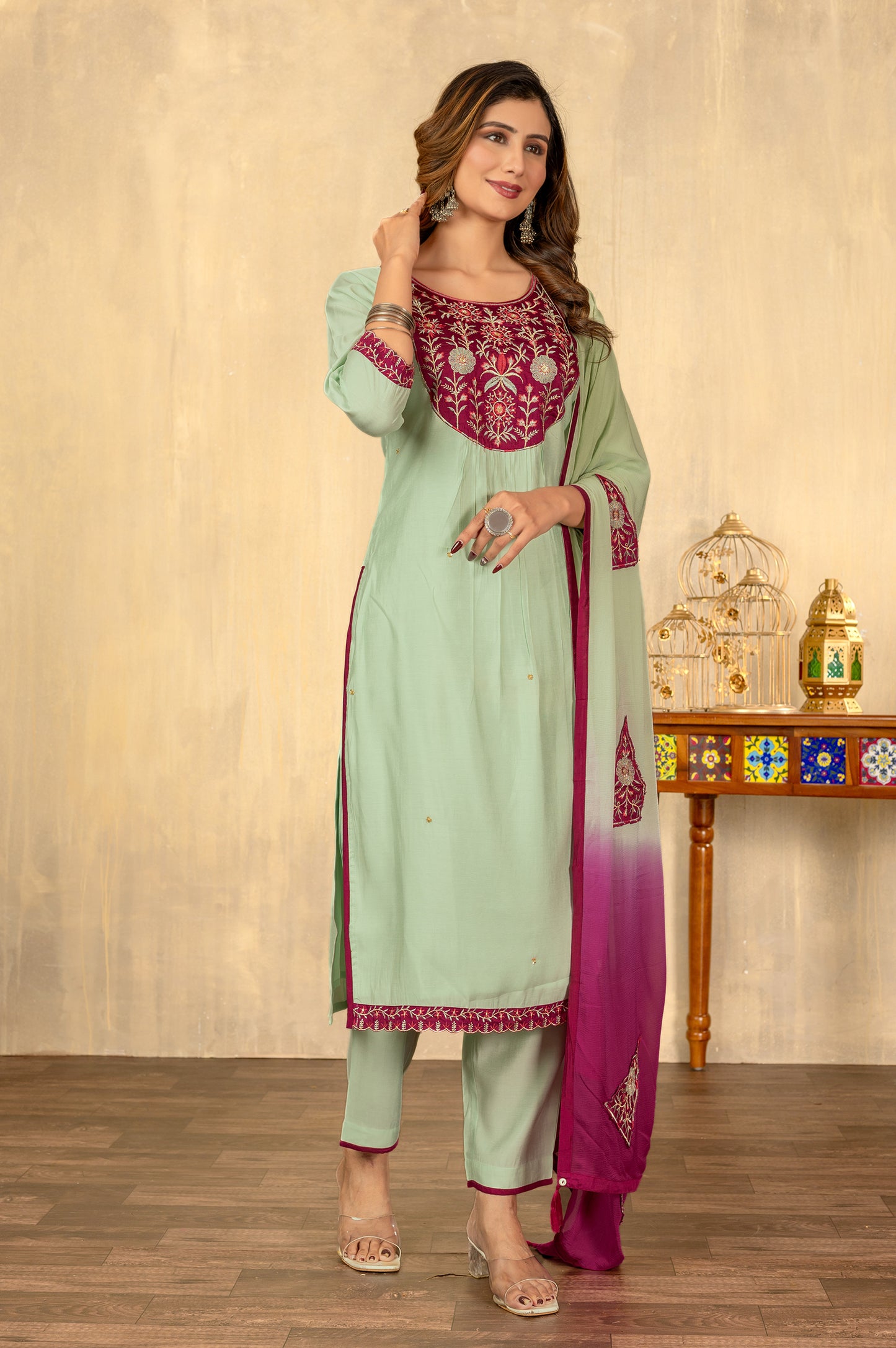 Parrot Green Roman Silk Embroidered Kurta Set with Dupatta