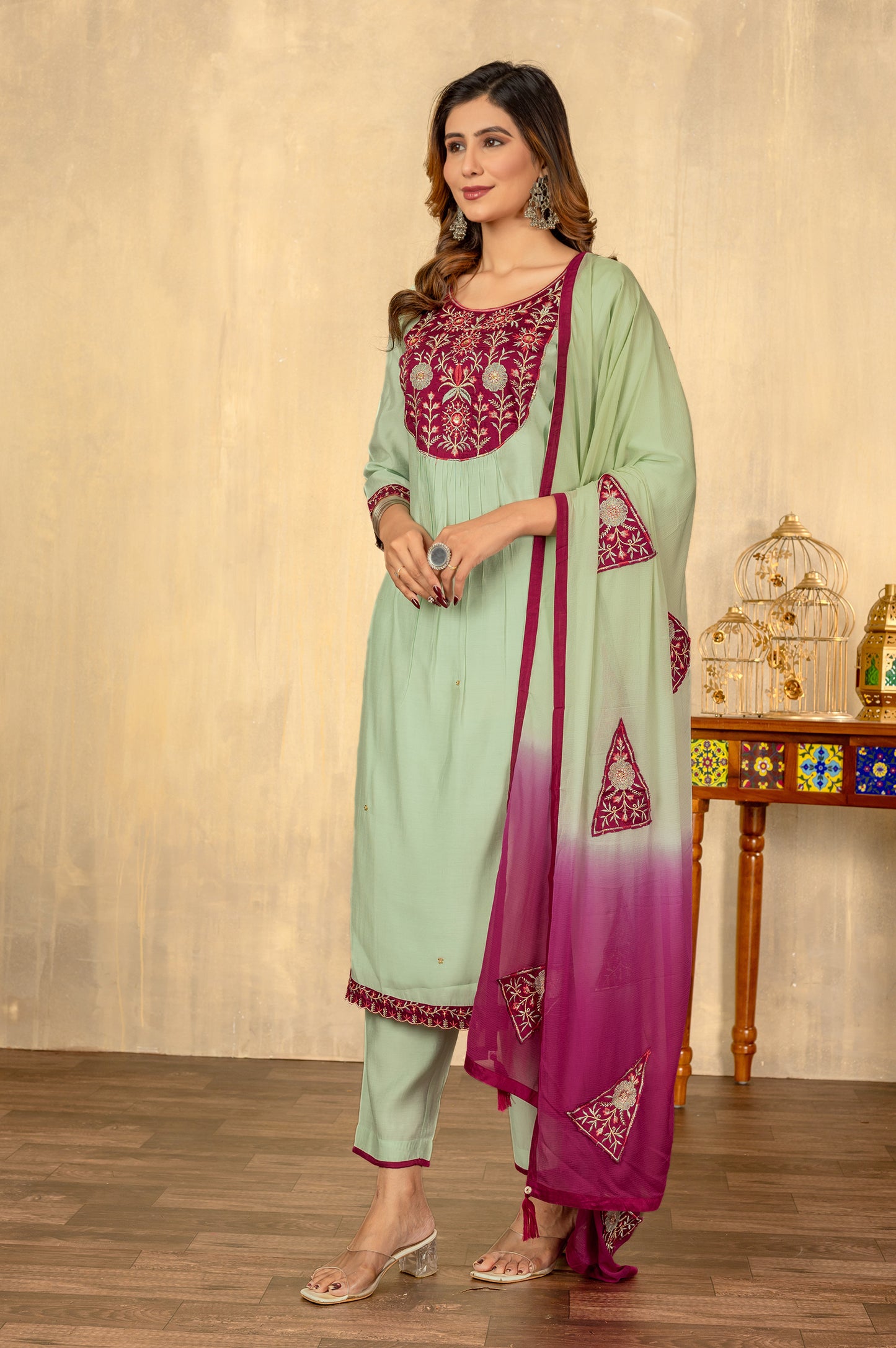 Parrot Green Roman Silk Embroidered Kurta Set with Dupatta