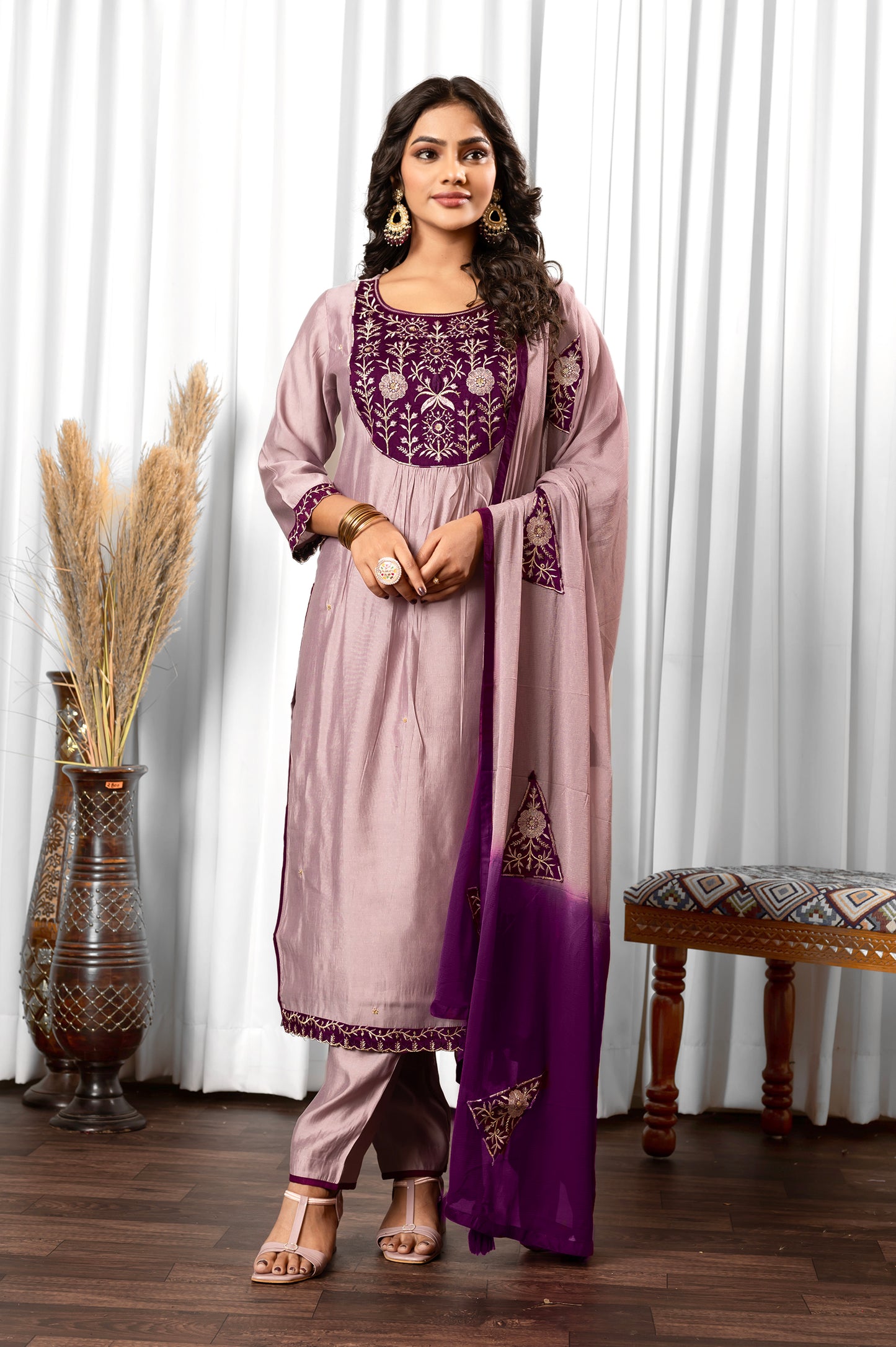 Lilac Roman Silk Embroidered Kurta Set with Dupatta For Women