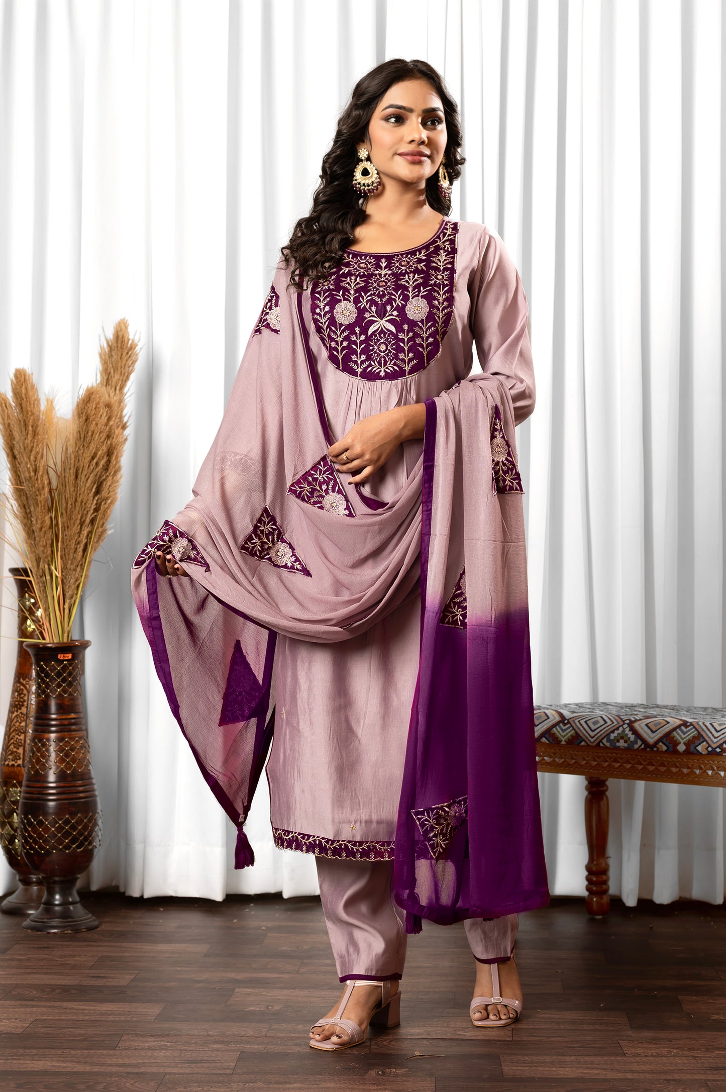Lilac Roman Silk Embroidered Kurta Set with Dupatta For Women