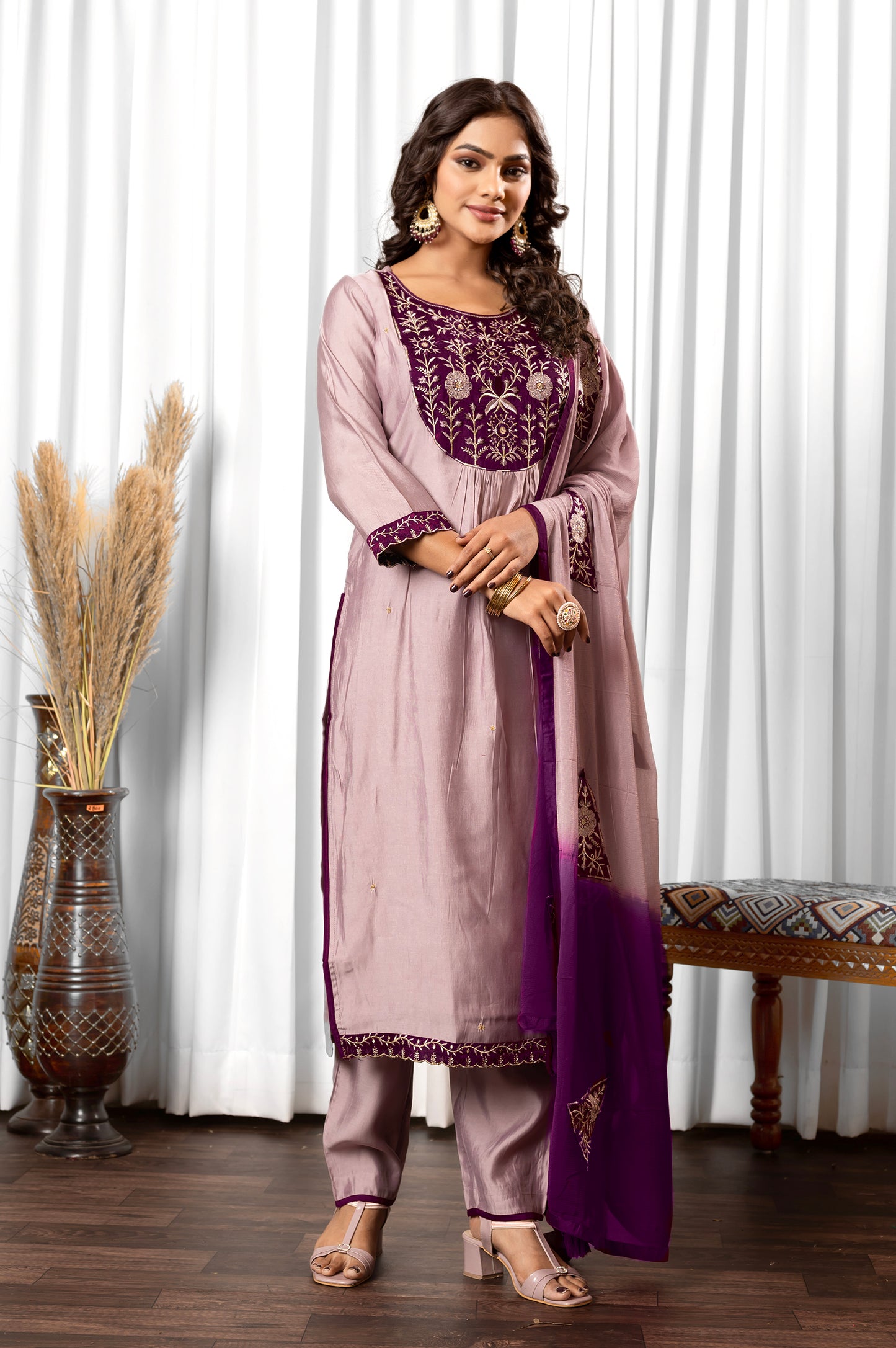 Lilac Roman Silk Embroidered Kurta Set with Dupatta For Women