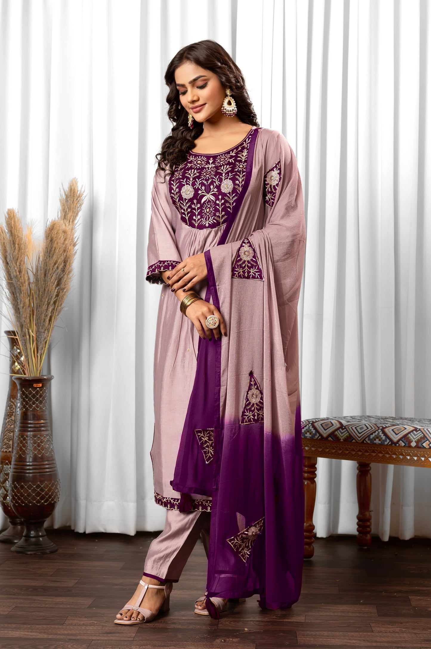 Lilac Roman Silk Embroidered Kurta Set with Dupatta For Women