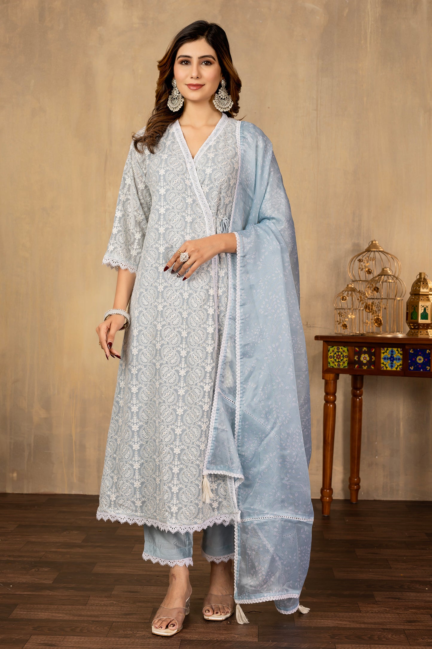 Sky Blue Chinnon Schiffli Embroidered Set Kurta Set with Dupatta