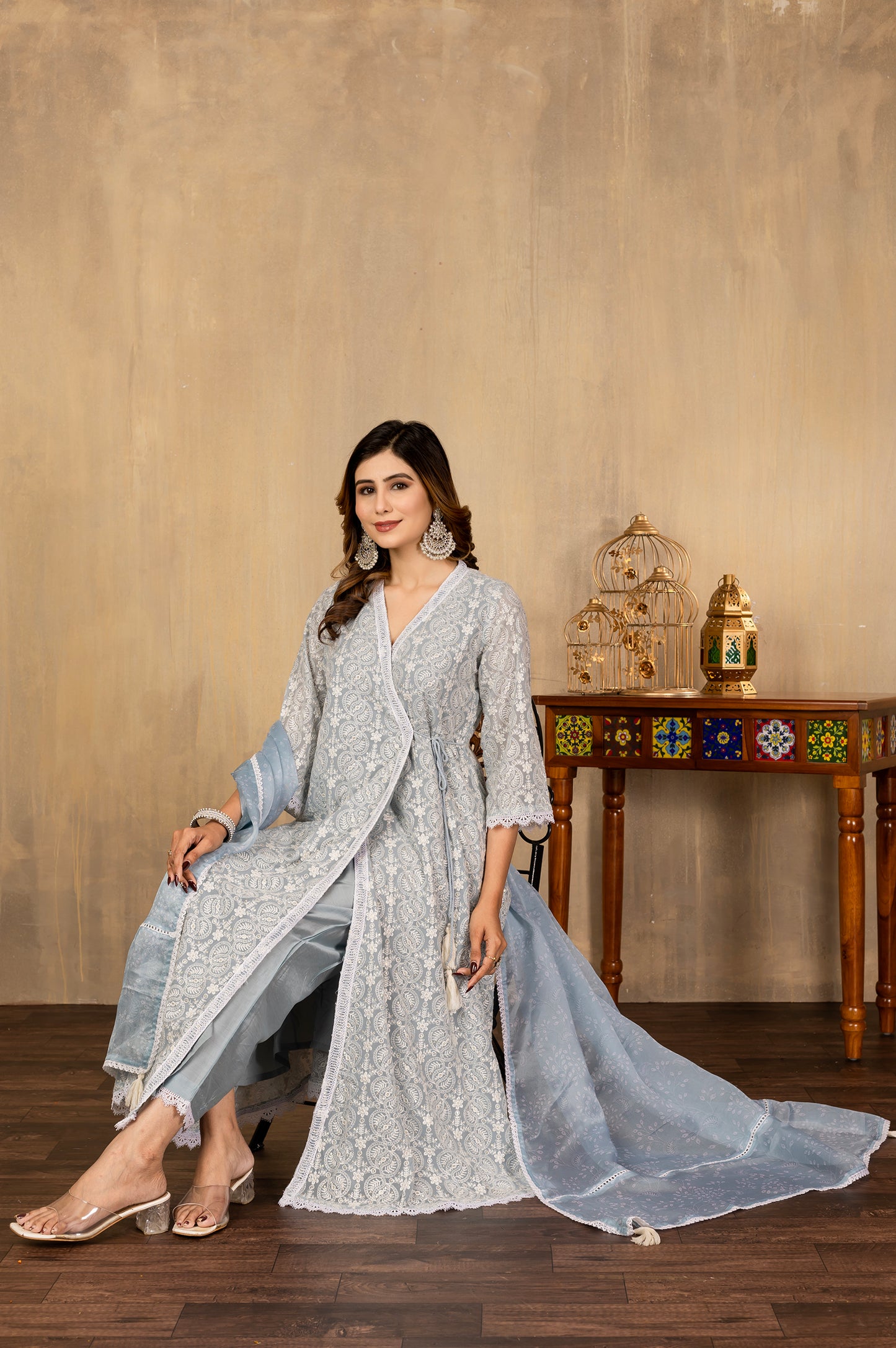 Sky Blue Chinnon Schiffli Embroidered Set Kurta Set with Dupatta