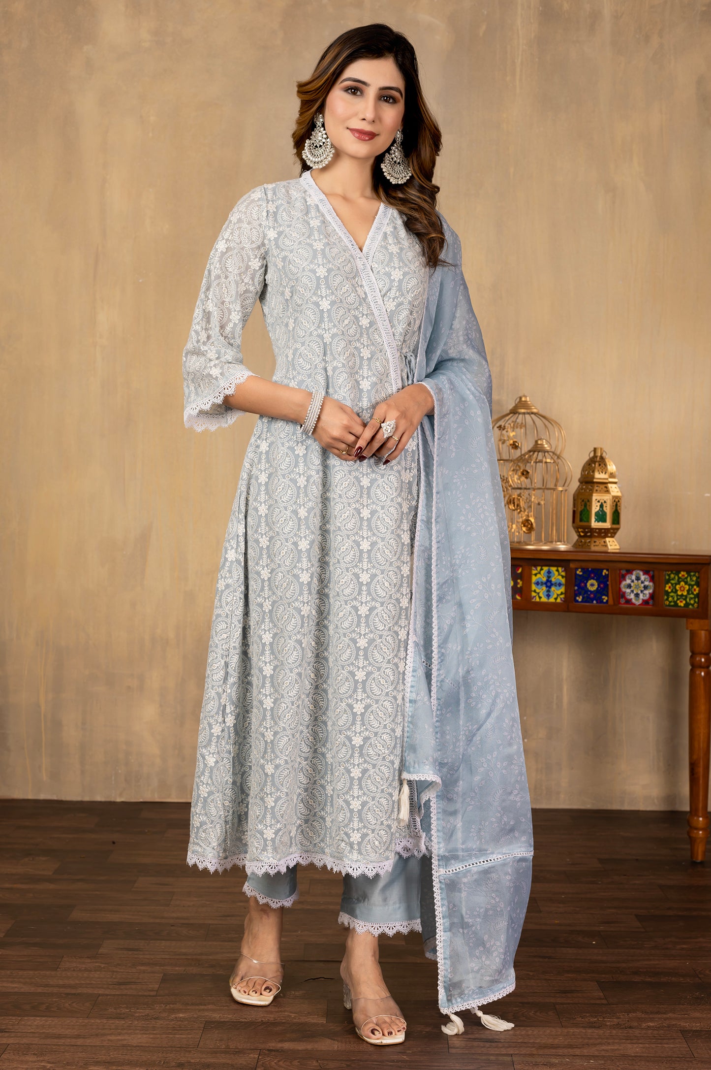 Sky Blue Chinnon Schiffli Embroidered Set Kurta Set with Dupatta