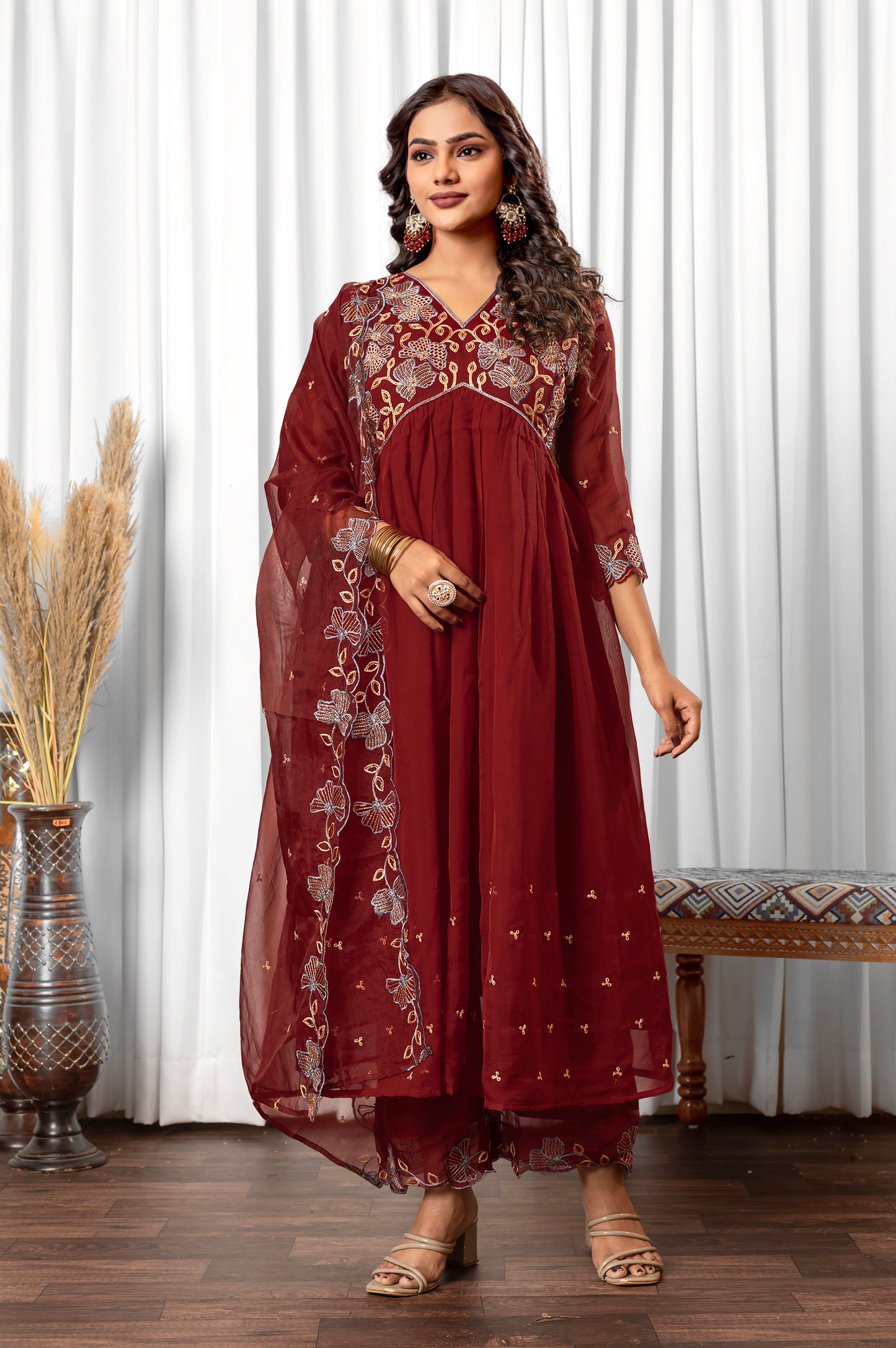 Marron Tabby Embroidered Anarkali Kurta Set with Dupatta