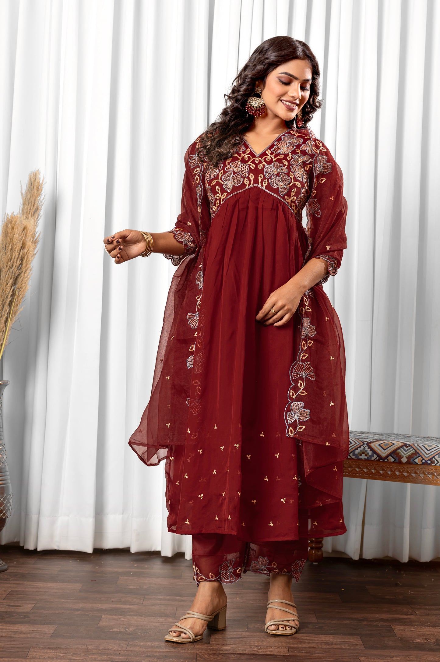 Marron Tabby Embroidered Anarkali Kurta Set with Dupatta