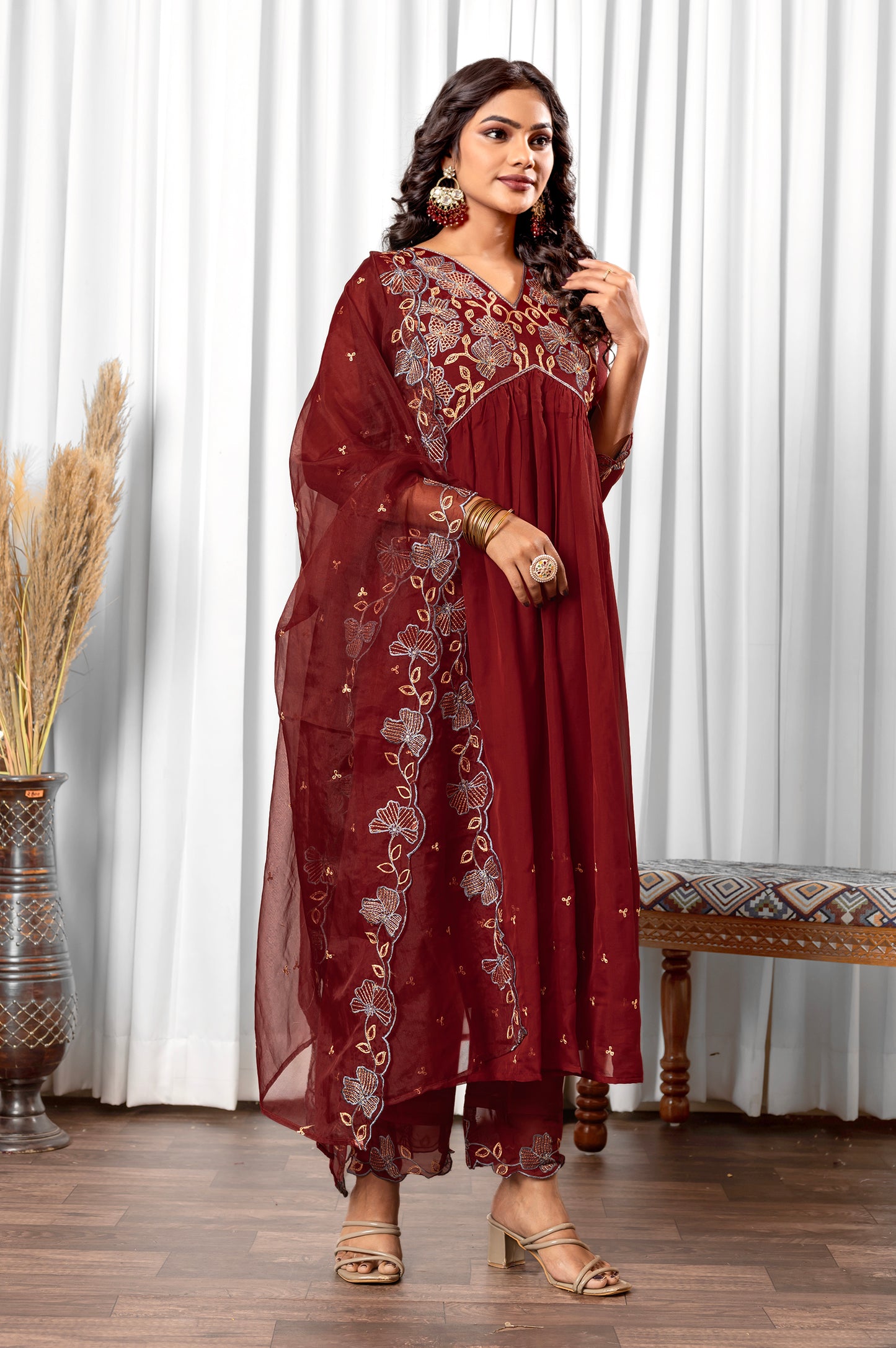 Marron Tabby Embroidered Anarkali Kurta Set with Dupatta