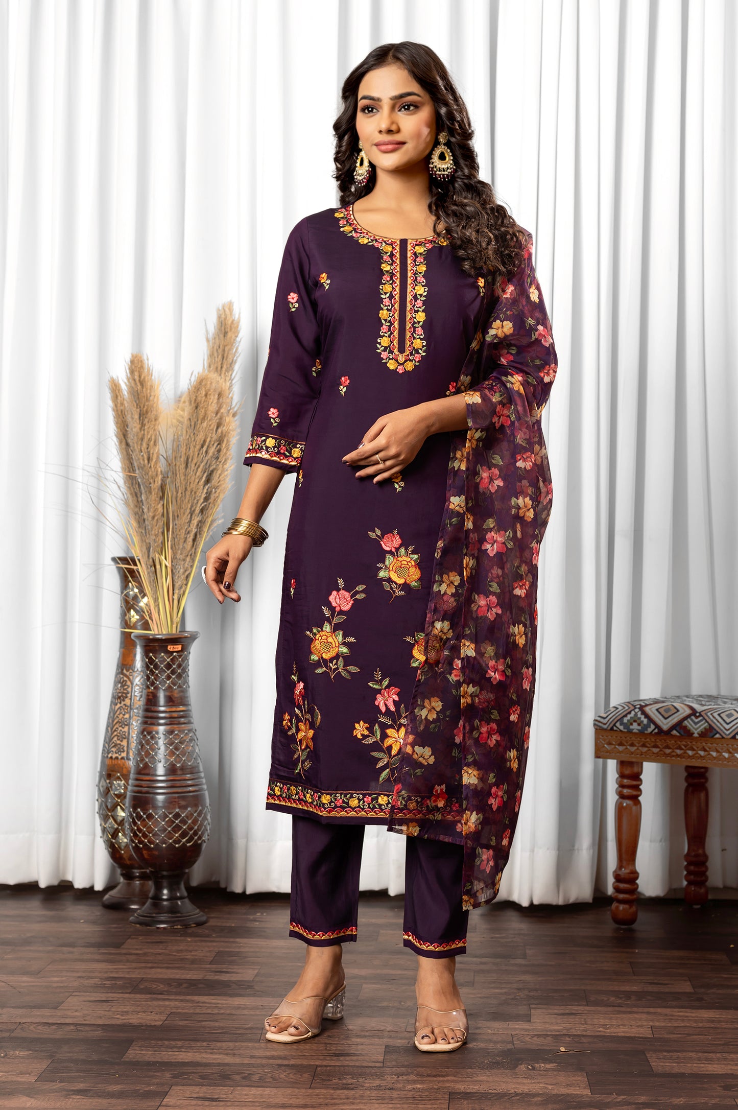Wine Roman Silk Embroidered With Mirror Work Kurta Set with Dupatta For Women