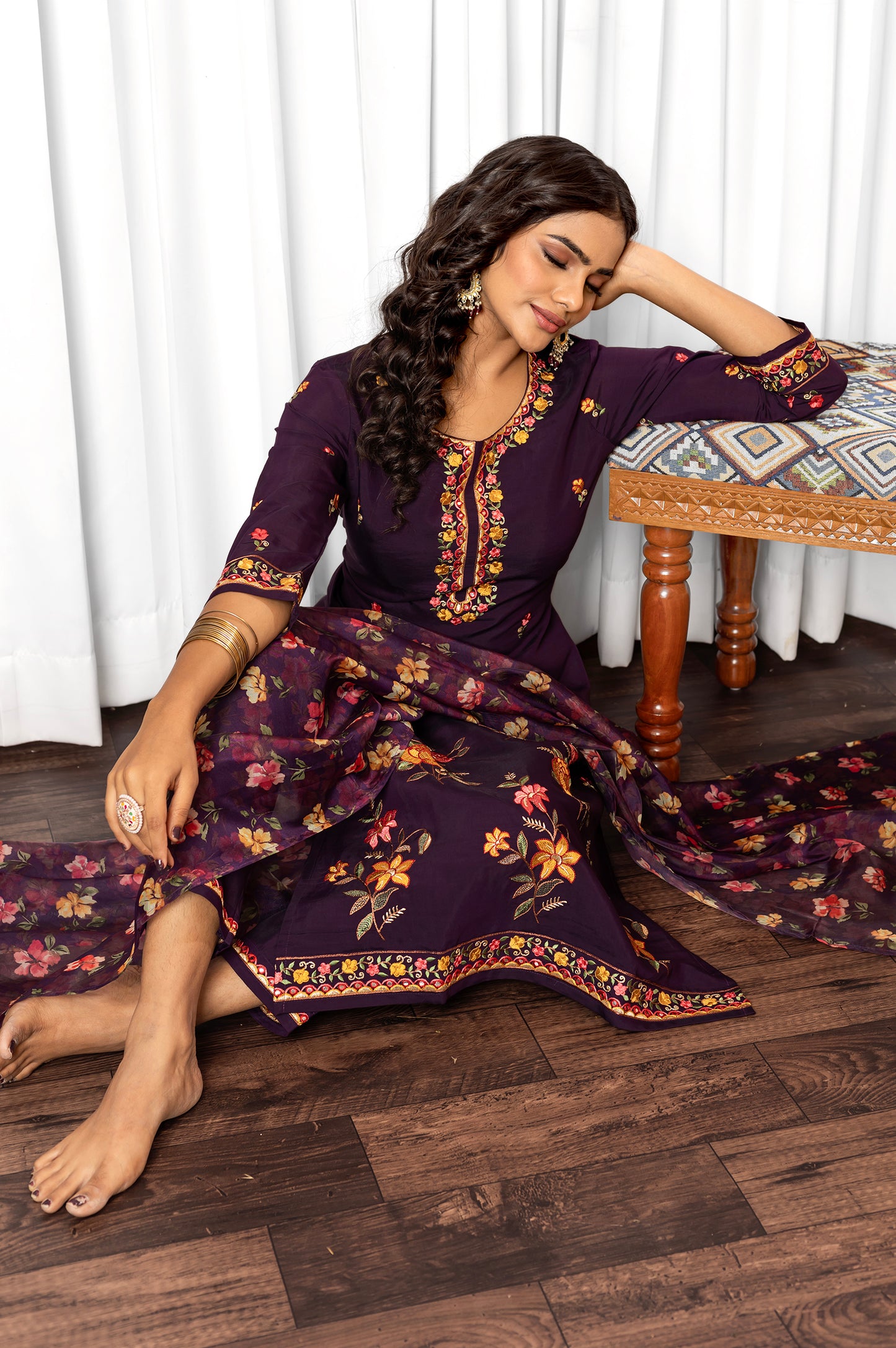 Wine Roman Silk Embroidered With Mirror Work Kurta Set with Dupatta For Women
