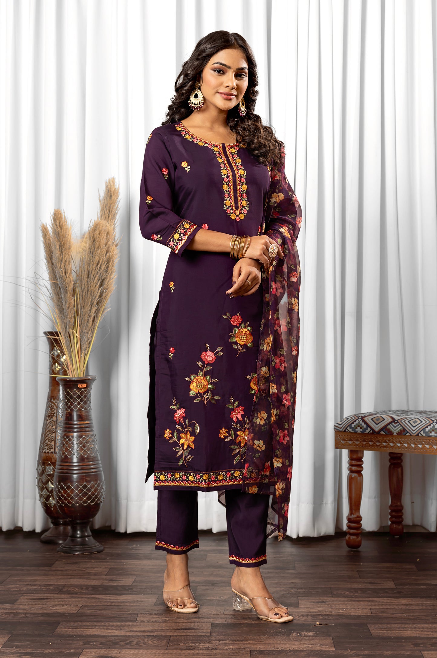 Wine Roman Silk Embroidered With Mirror Work Kurta Set with Dupatta For Women
