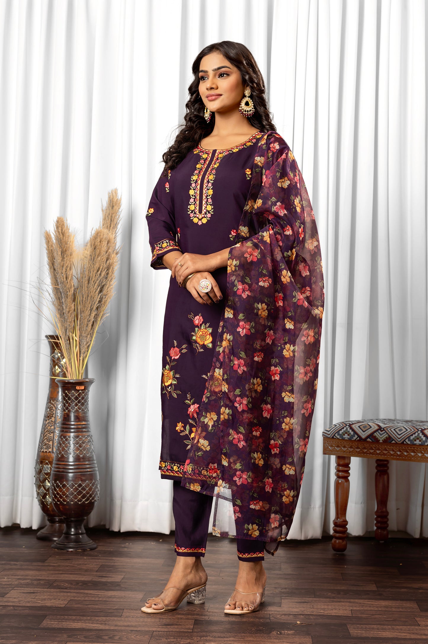 Wine Roman Silk Embroidered With Mirror Work Kurta Set with Dupatta For Women