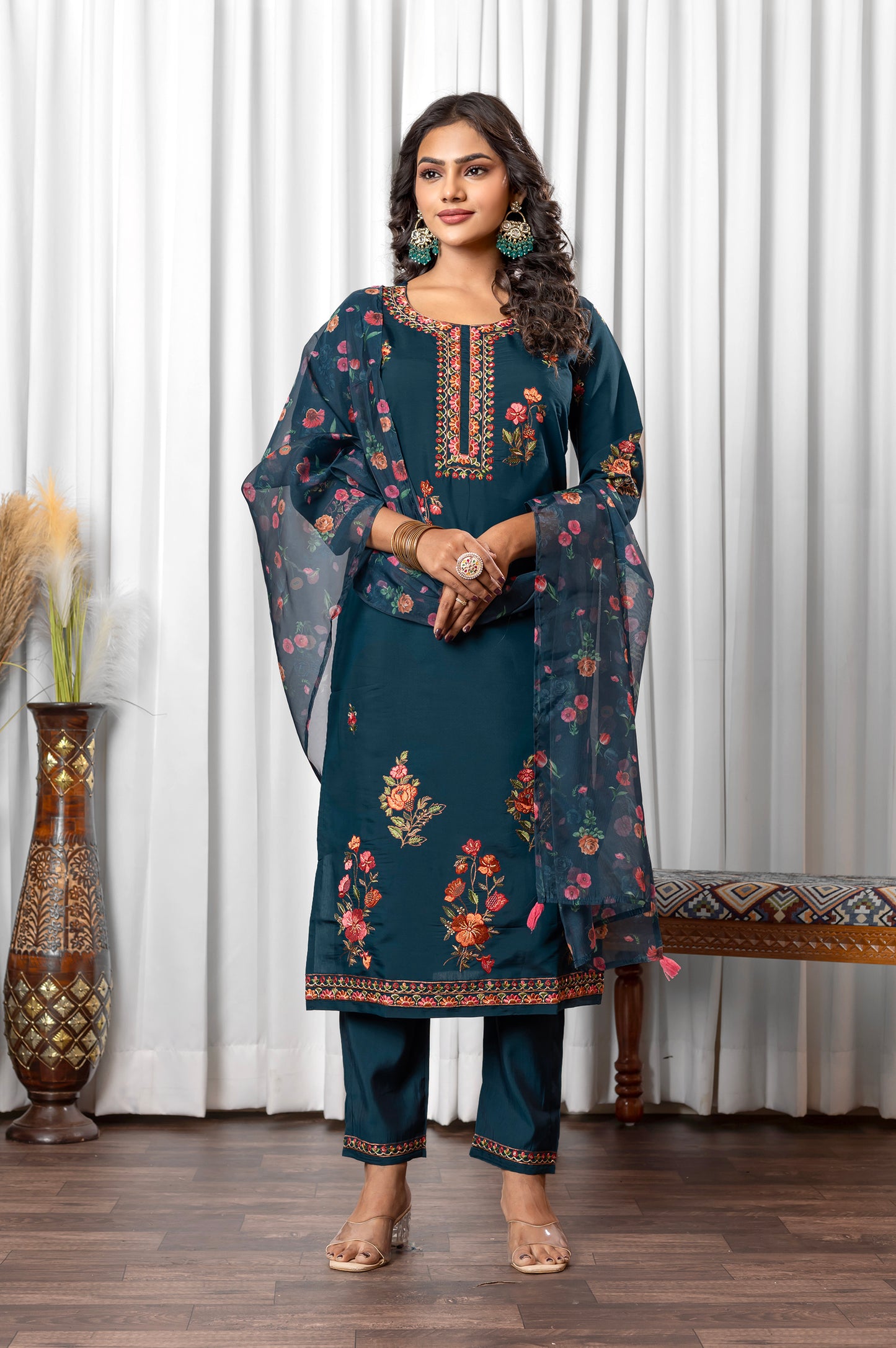 Blue Roman Silk Embroidered With Mirror Work Kurta Set with Dupatta For Women