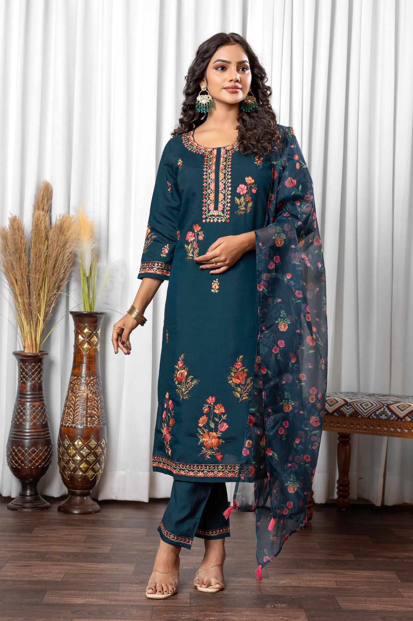 Blue Roman Silk Embroidered With Mirror Work Kurta Set with Dupatta For Women