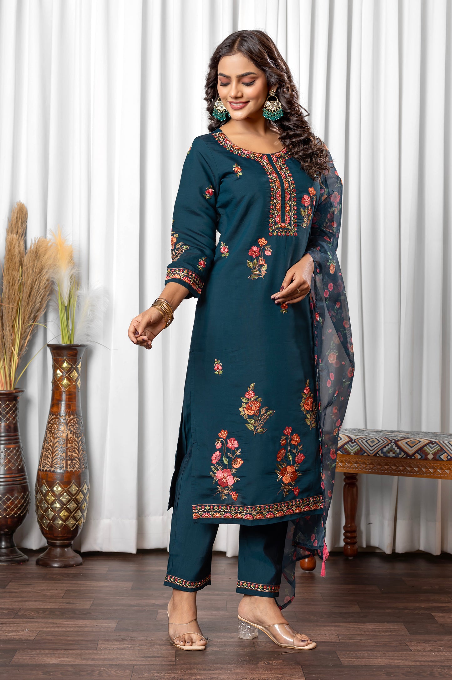 Blue Roman Silk Embroidered With Mirror Work Kurta Set with Dupatta For Women
