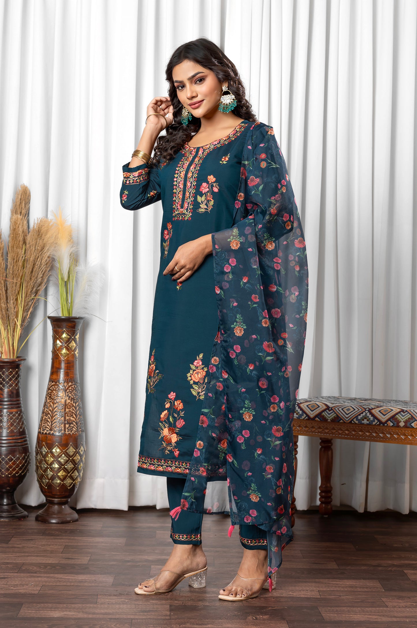 Blue Roman Silk Embroidered With Mirror Work Kurta Set with Dupatta For Women