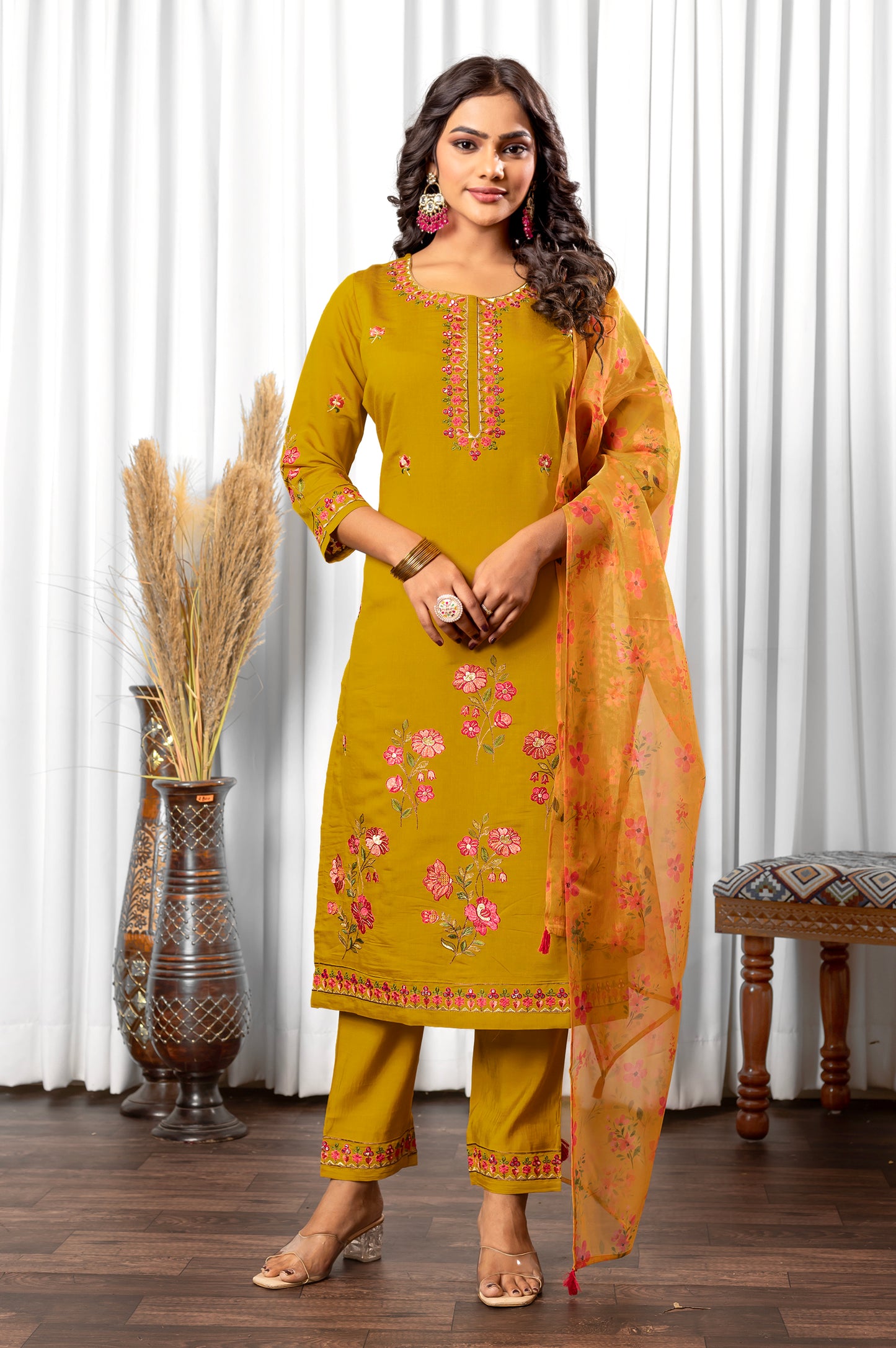 Yellow Roman Silk Embroidered With Mirror Work Kurta Set with Dupatta