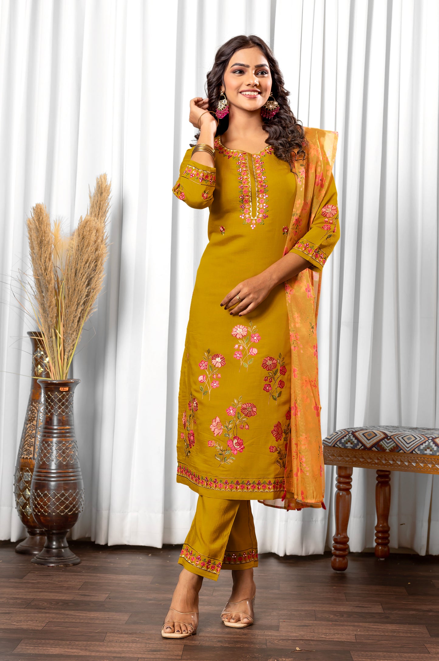 Yellow Roman Silk Embroidered With Mirror Work Kurta Set with Dupatta