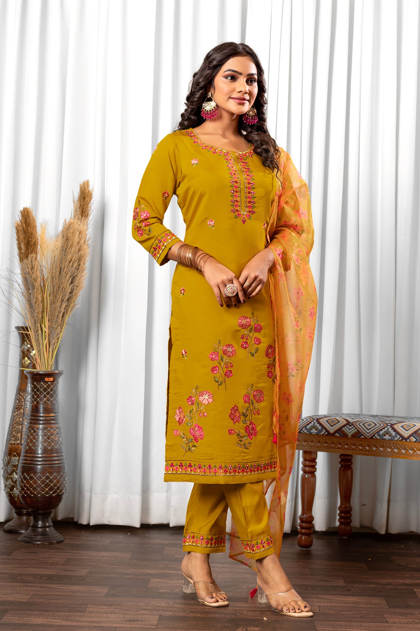 Yellow Roman Silk Embroidered With Mirror Work Kurta Set with Dupatta