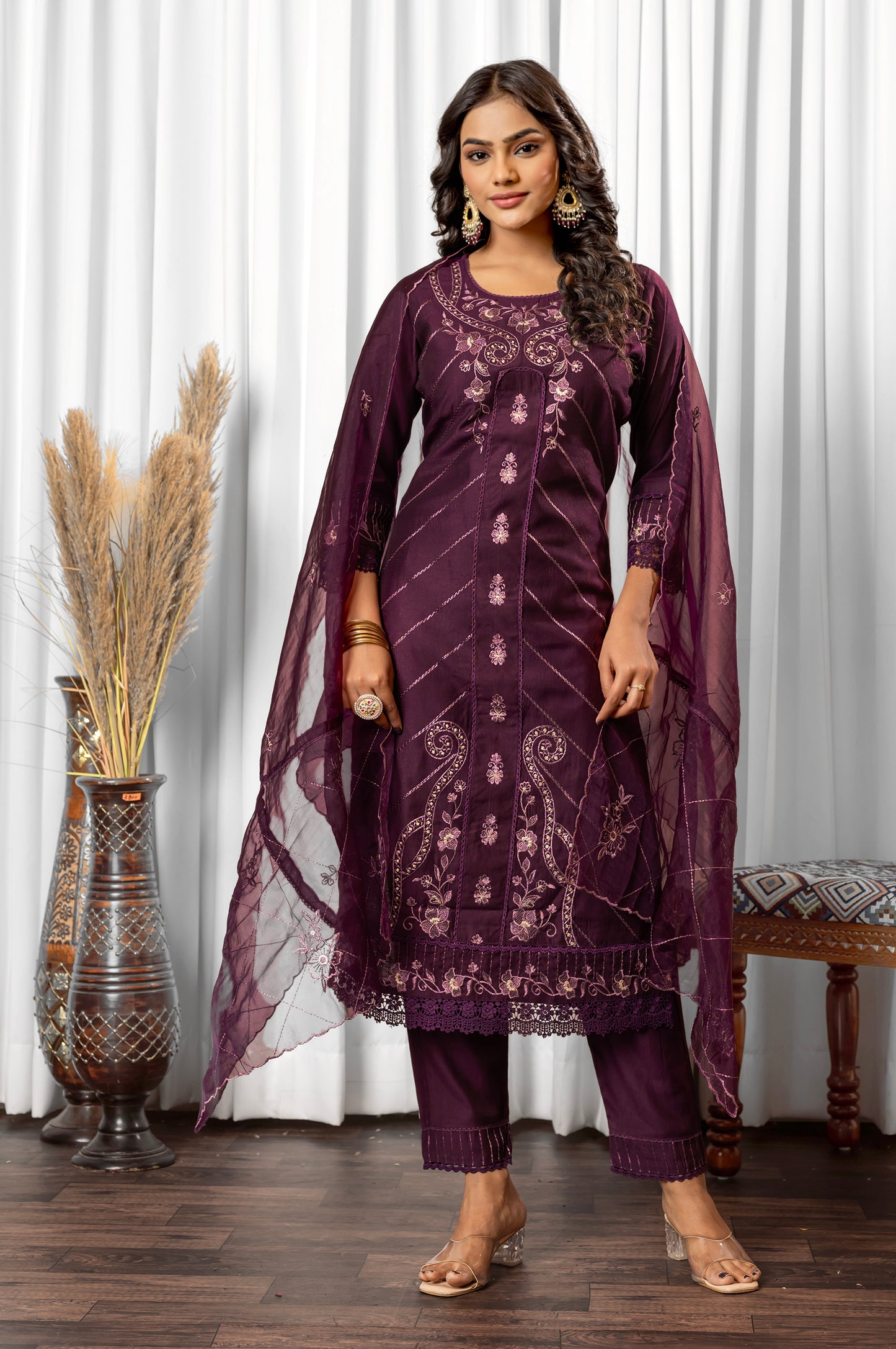 Wine Silk Blend Embroidered Cotton inner Kurta Set with Dupatta