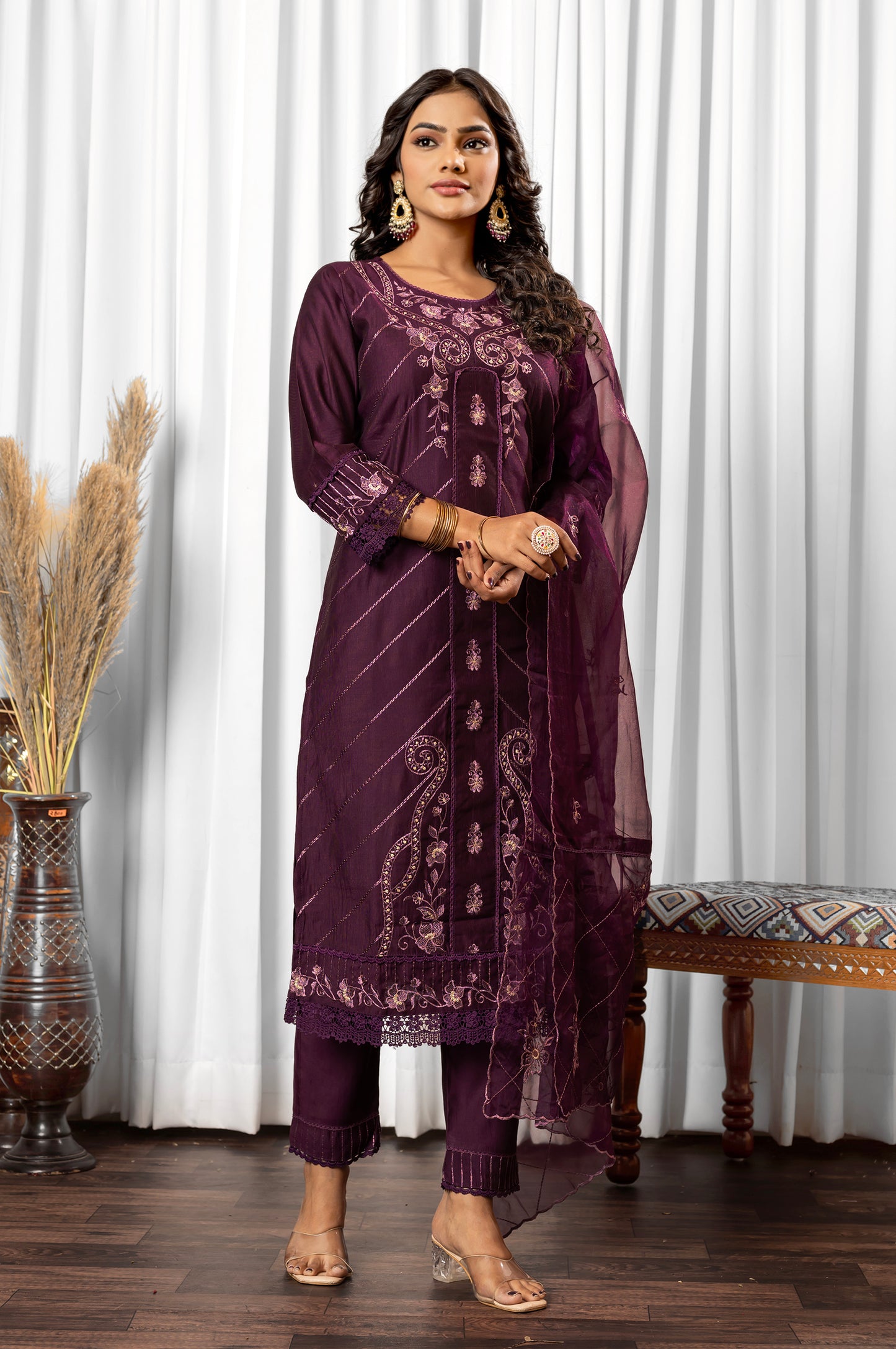 Wine Silk Blend Embroidered Cotton inner Kurta Set with Dupatta
