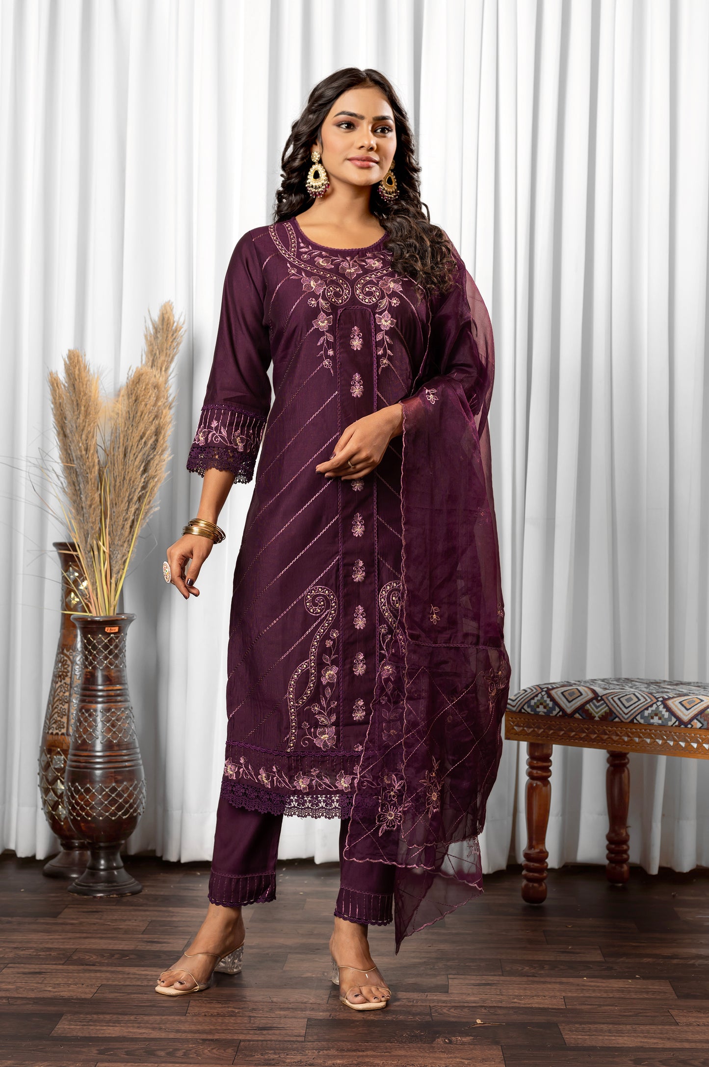 Wine Silk Blend Embroidered Cotton inner Kurta Set with Dupatta